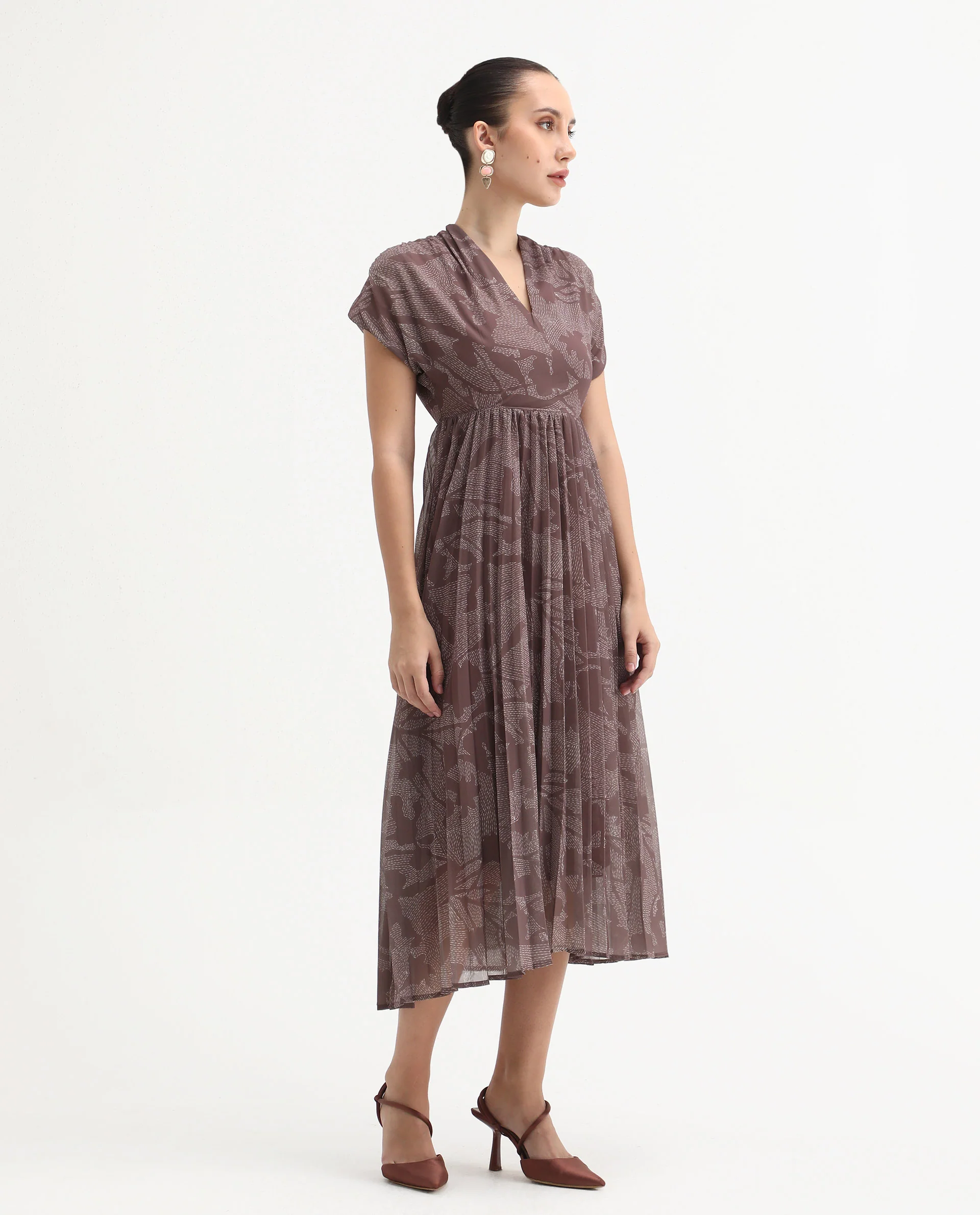 Rareism Women's Juremi Light Brown Cotton V-Neck Fit And Flare Printed Dress - Image 7