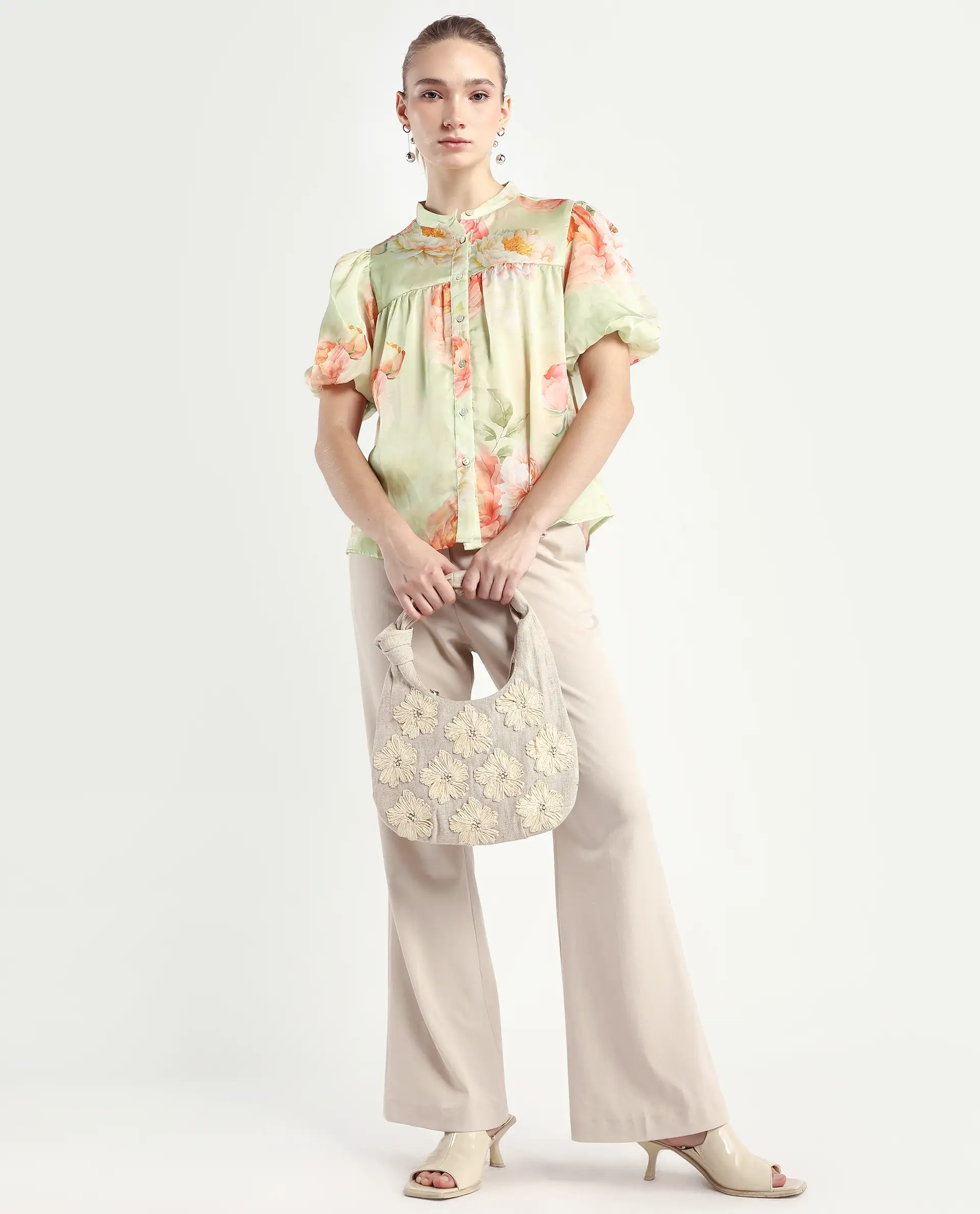 Rareism Women's Jurino Light Green Polyester Mandarin Collar Floral Print Balloon Sleeve Regular Fit Top - Image 2