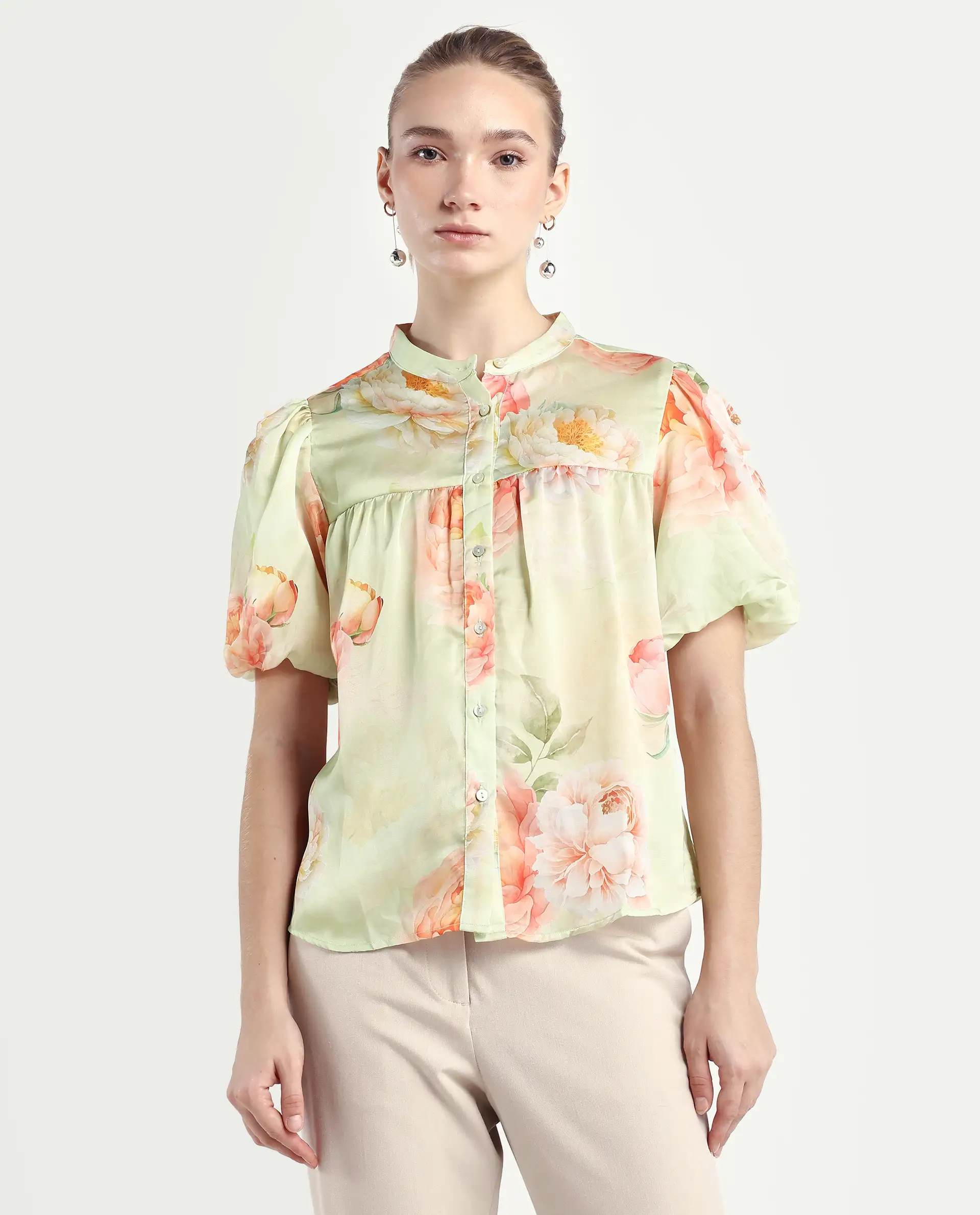 Rareism Women's Jurino Light Green Polyester Mandarin Collar Floral Print Balloon Sleeve Regular Fit Top - Image 3