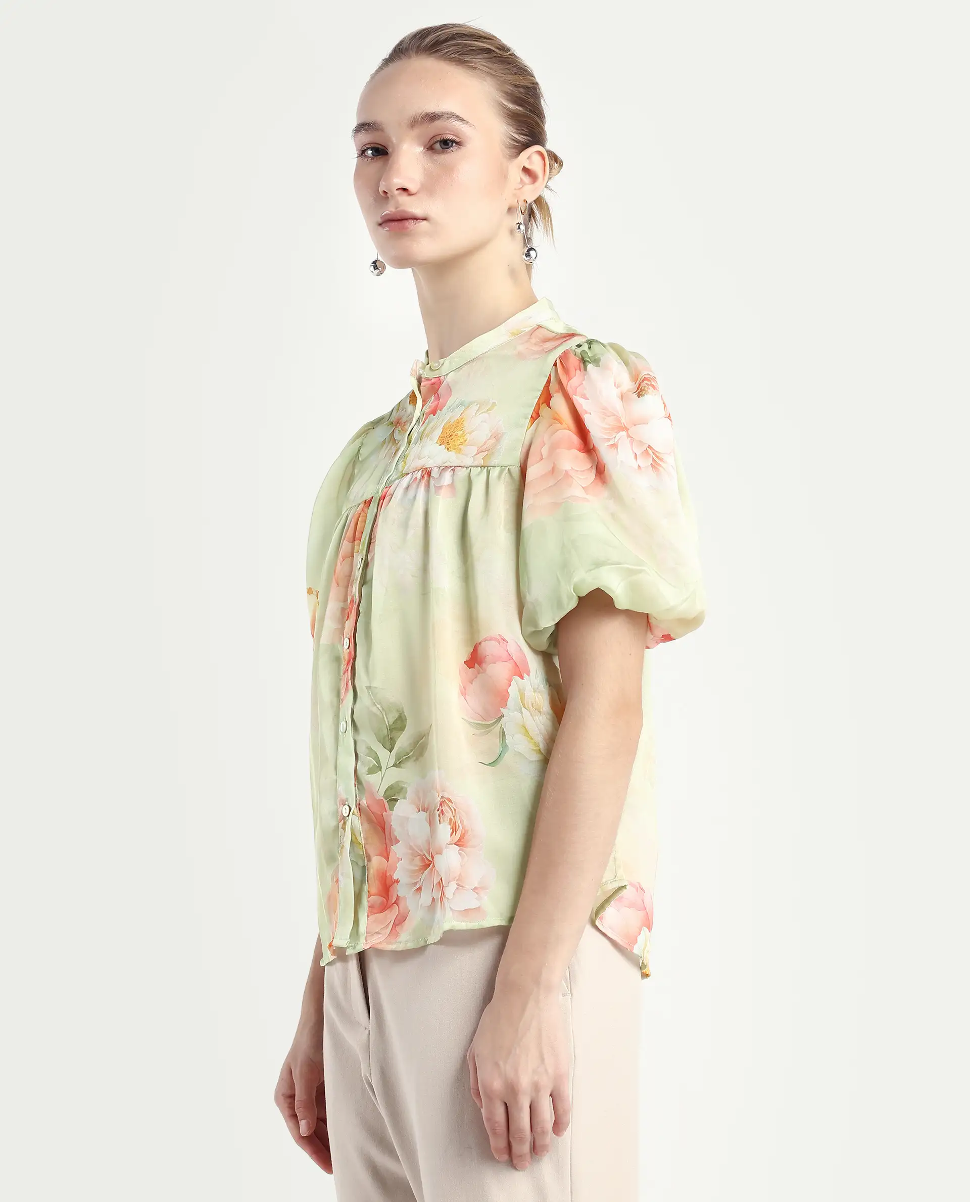 Rareism Women's Jurino Light Green Polyester Mandarin Collar Floral Print Balloon Sleeve Regular Fit Top - Image 5