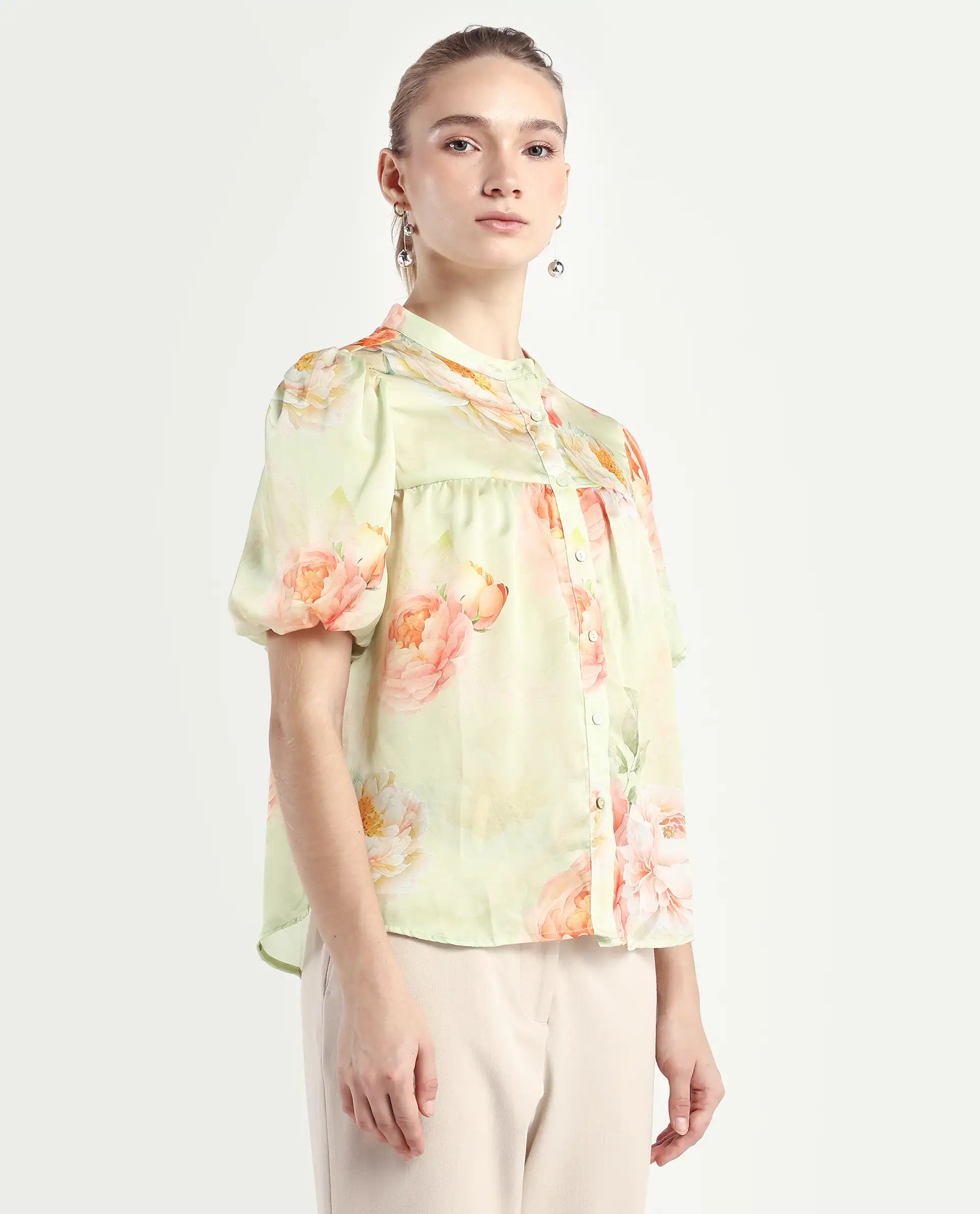 Rareism Women's Jurino Light Green Polyester Mandarin Collar Floral Print Balloon Sleeve Regular Fit Top - Image 6