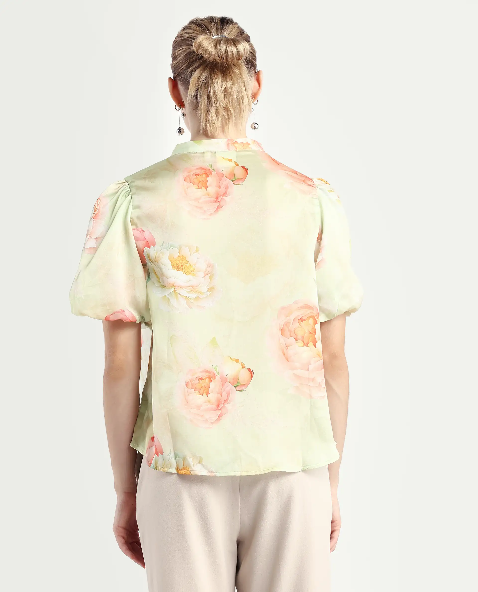 Rareism Women's Jurino Light Green Polyester Mandarin Collar Floral Print Balloon Sleeve Regular Fit Top - Image 7