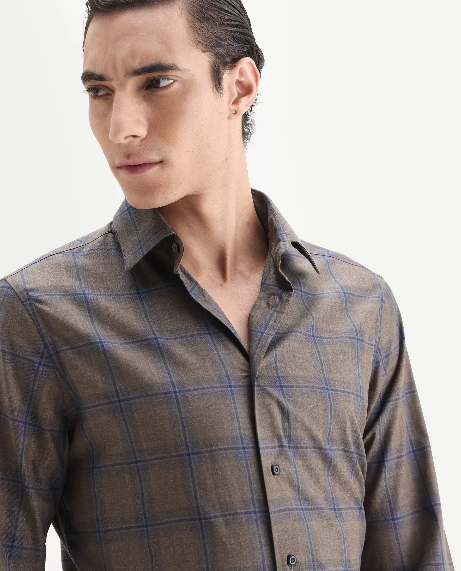 Rare Rabbit Men's Juro Light Brown Cotton Fabric Spread Collar Regular Fit Checked Shirt - Image 2