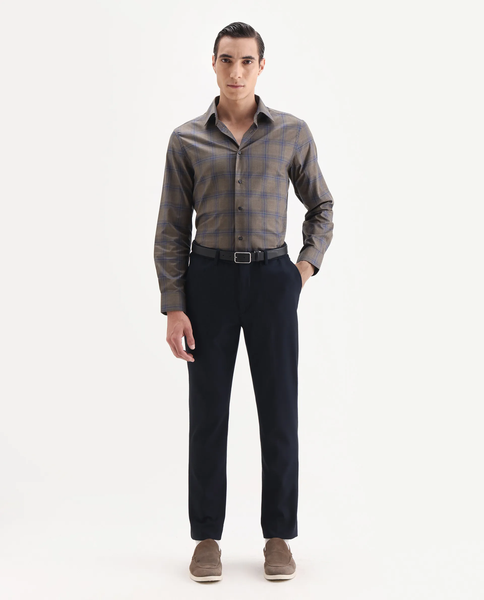 Rare Rabbit Men's Juro Light Brown Cotton Fabric Spread Collar Regular Fit Checked Shirt - Image 3