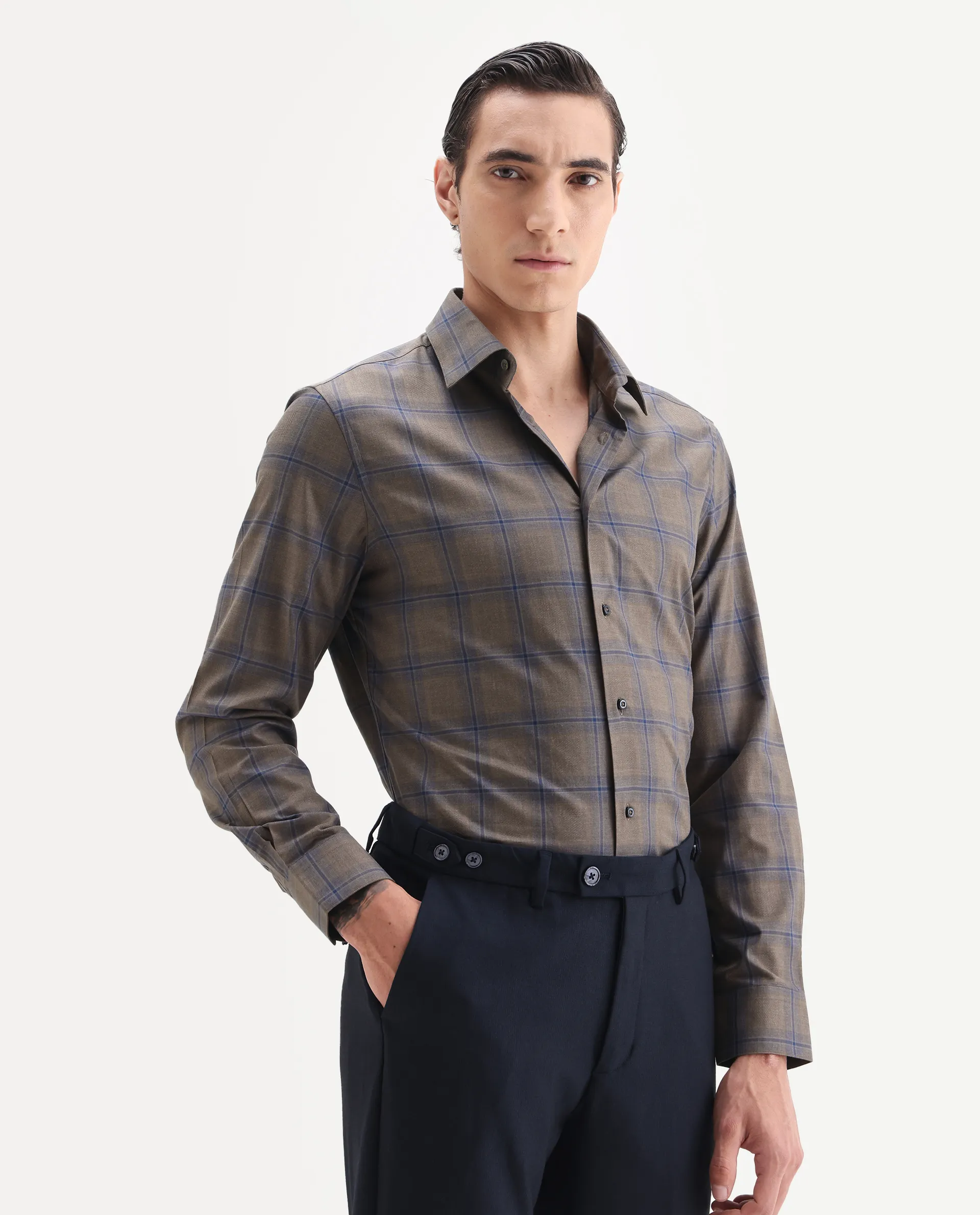 Rare Rabbit Men's Juro Light Brown Cotton Fabric Spread Collar Regular Fit Checked Shirt - Image 4