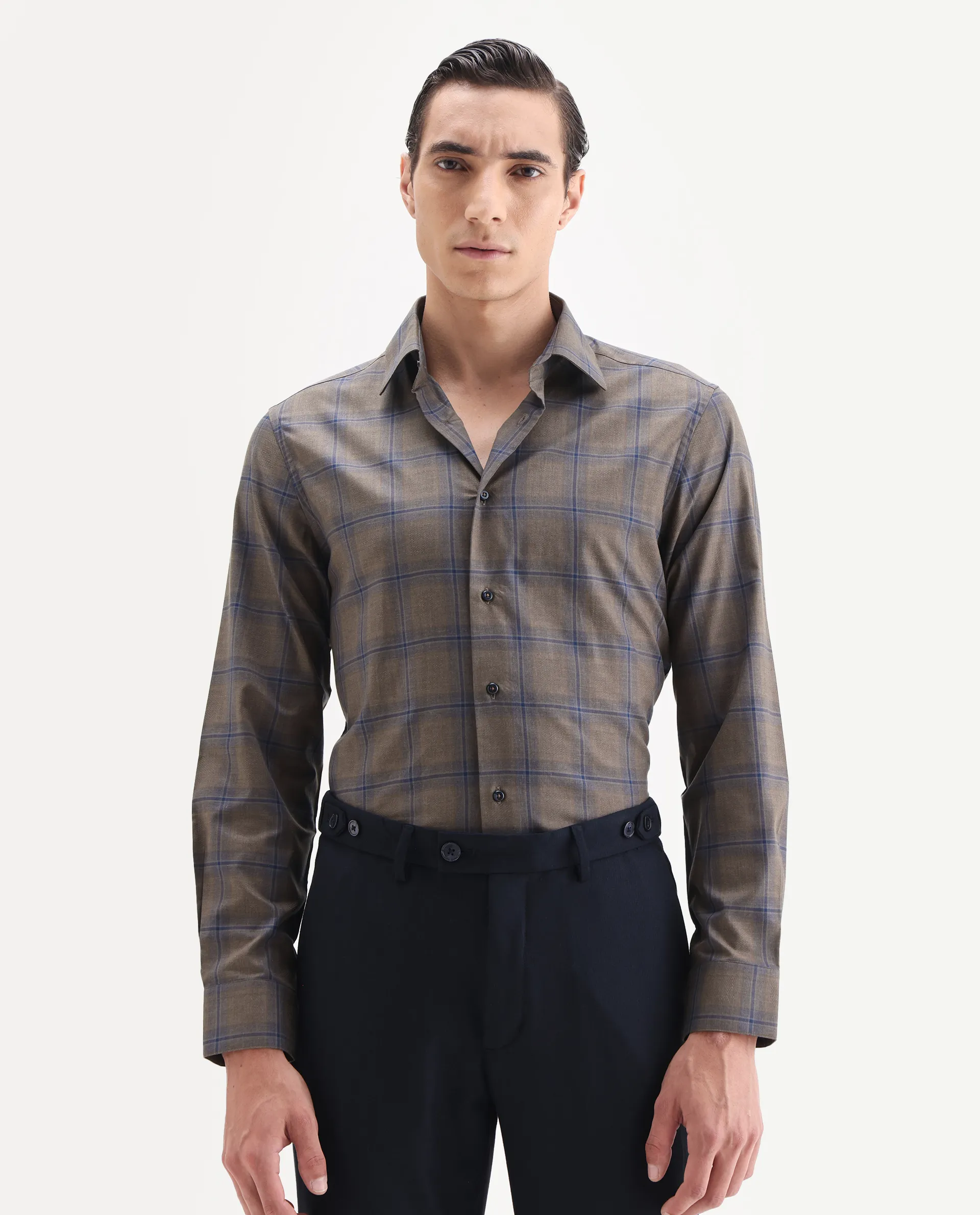 Rare Rabbit Men's Juro Light Brown Cotton Fabric Spread Collar Regular Fit Checked Shirt - Image 5