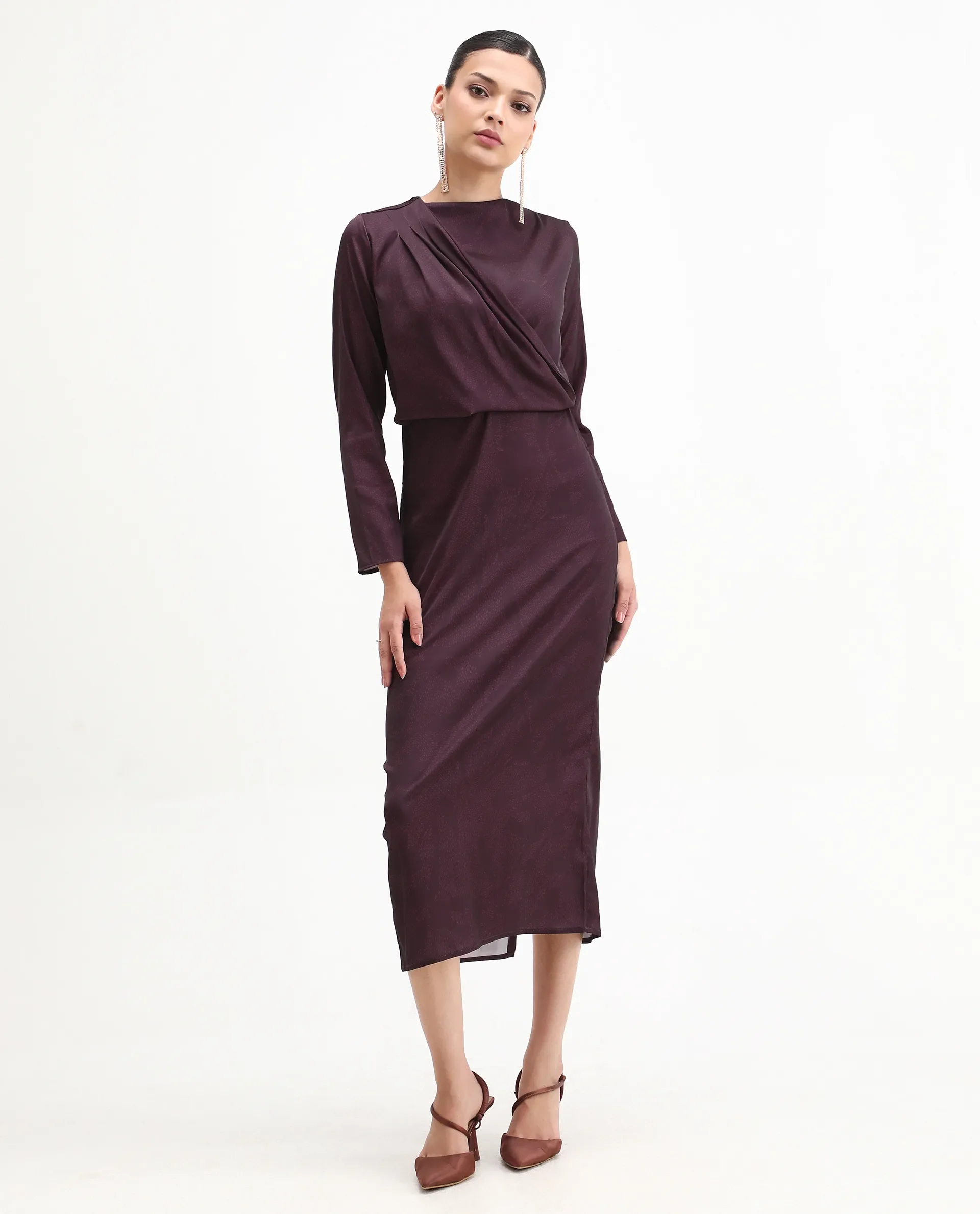 Rareism Women's Jusat Maroon Polyester Cowl Neck Straight Fit Dress - Image 2
