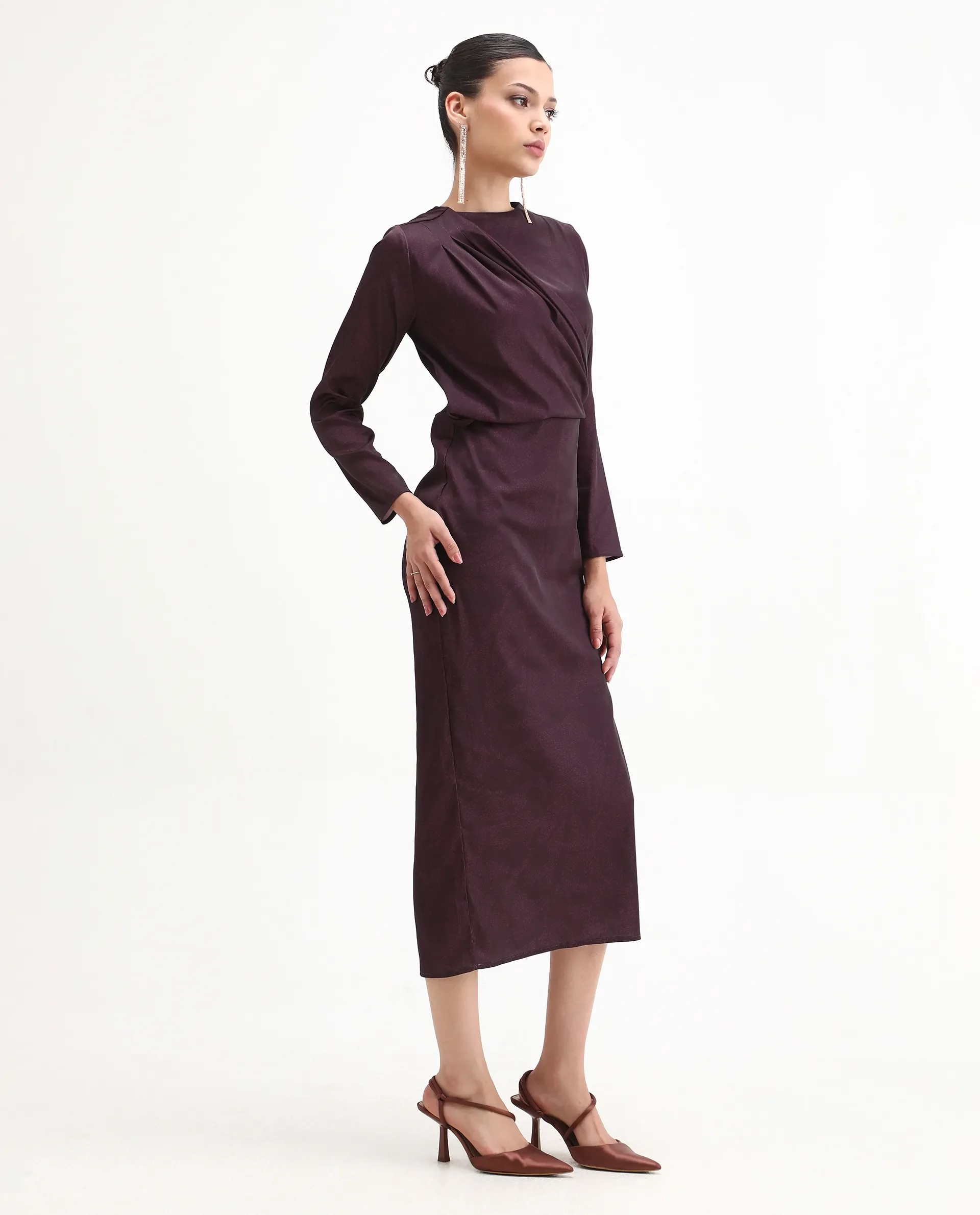 Rareism Women's Jusat Maroon Polyester Cowl Neck Straight Fit Dress - Image 6
