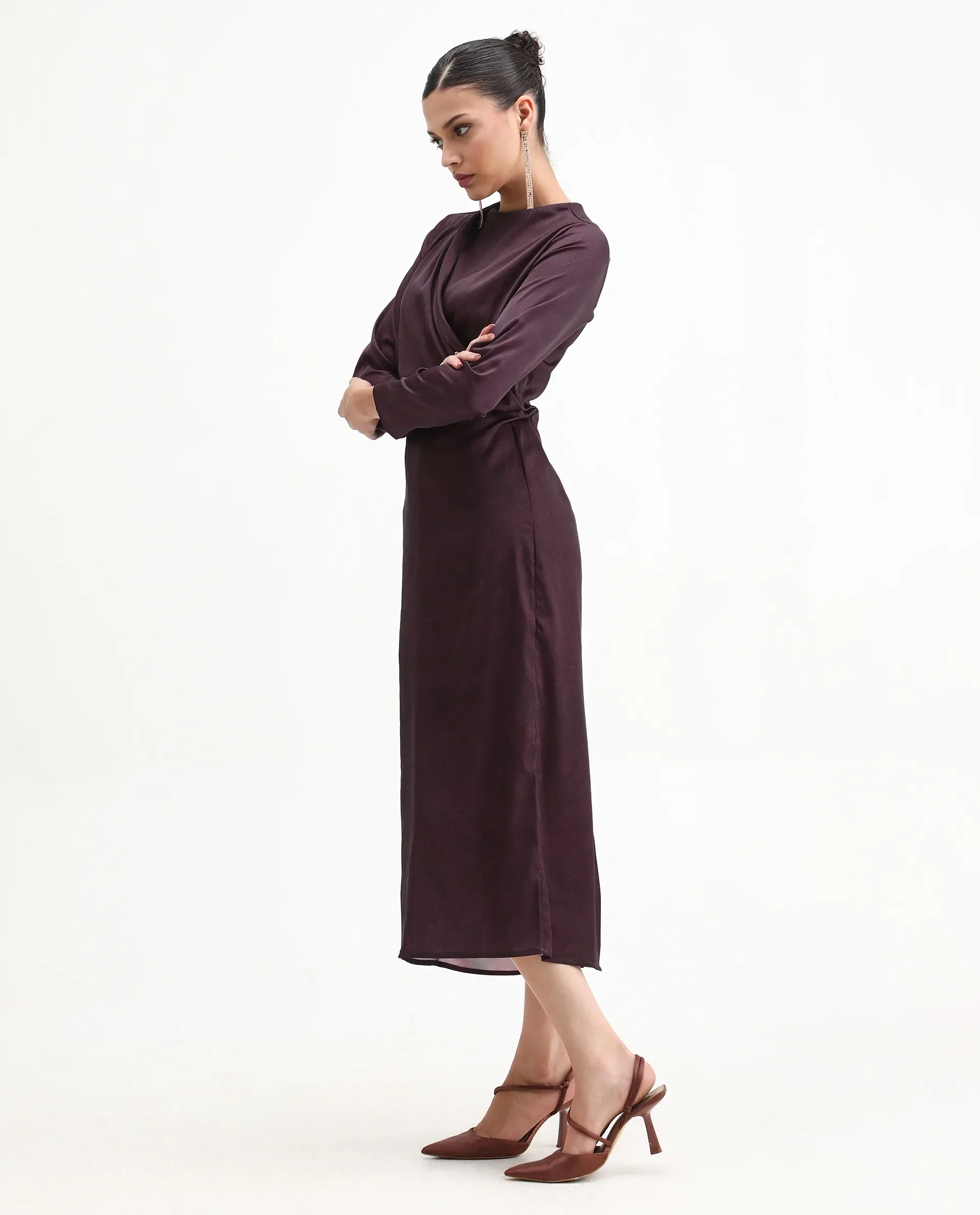 Rareism Women's Jusat Maroon Polyester Cowl Neck Straight Fit Dress - Image 7