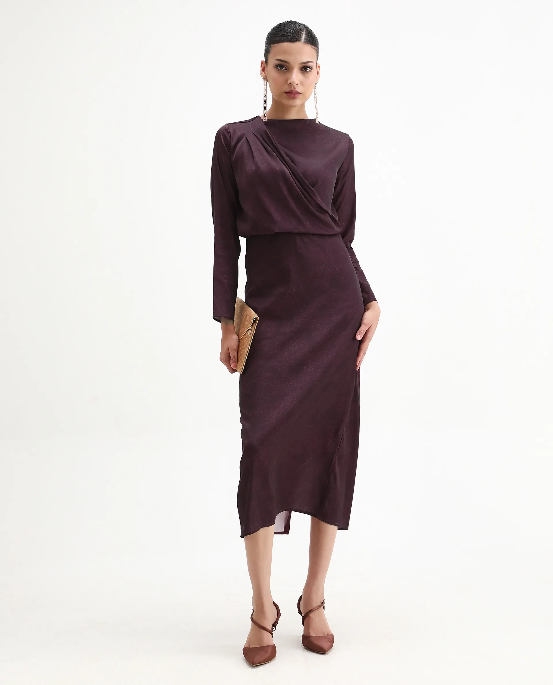 Rareism Women's Jusat Maroon Polyester Cowl Neck Straight Fit Dress - Image 8