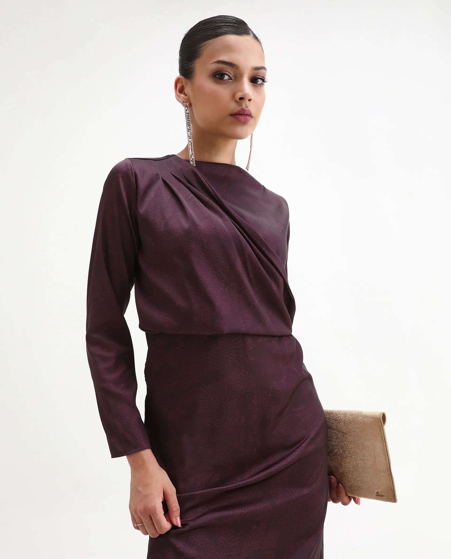 Rareism Women's Jusat Maroon Polyester Cowl Neck Straight Fit Dress - Image 9