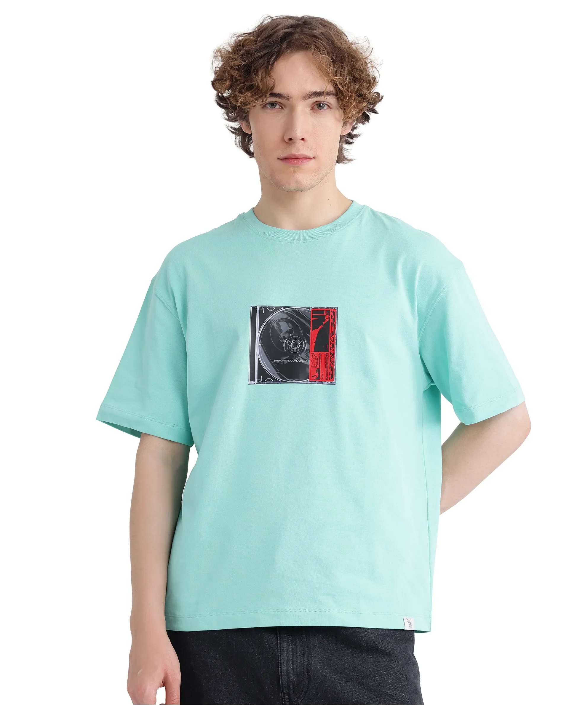 Rare Rabbit Men's Just Light Green Cotton Graphic Print Boxy Fit Half Sleeve Crew Neck T-Shirt - Image 3