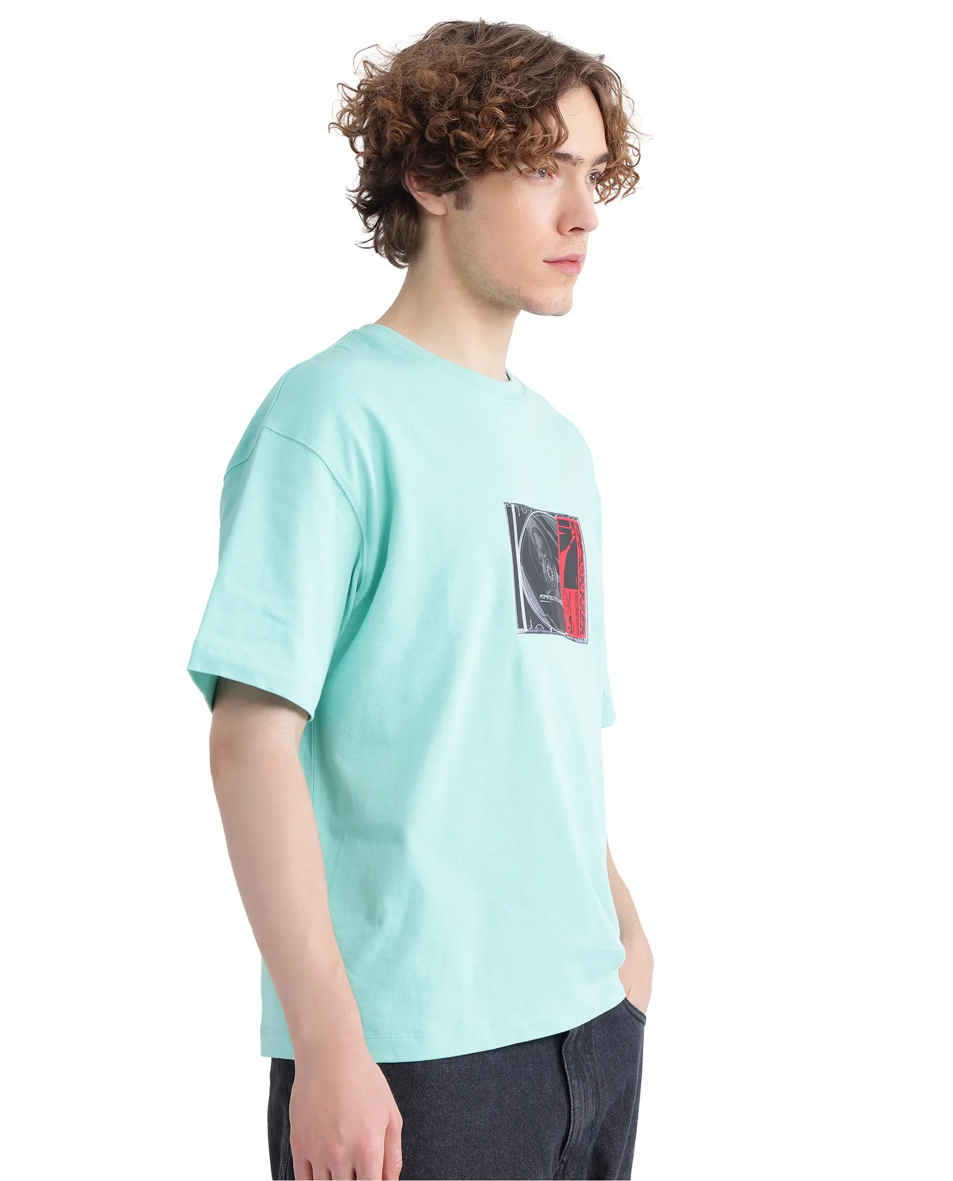 Rare Rabbit Men's Just Light Green Cotton Graphic Print Boxy Fit Half Sleeve Crew Neck T-Shirt - Image 4