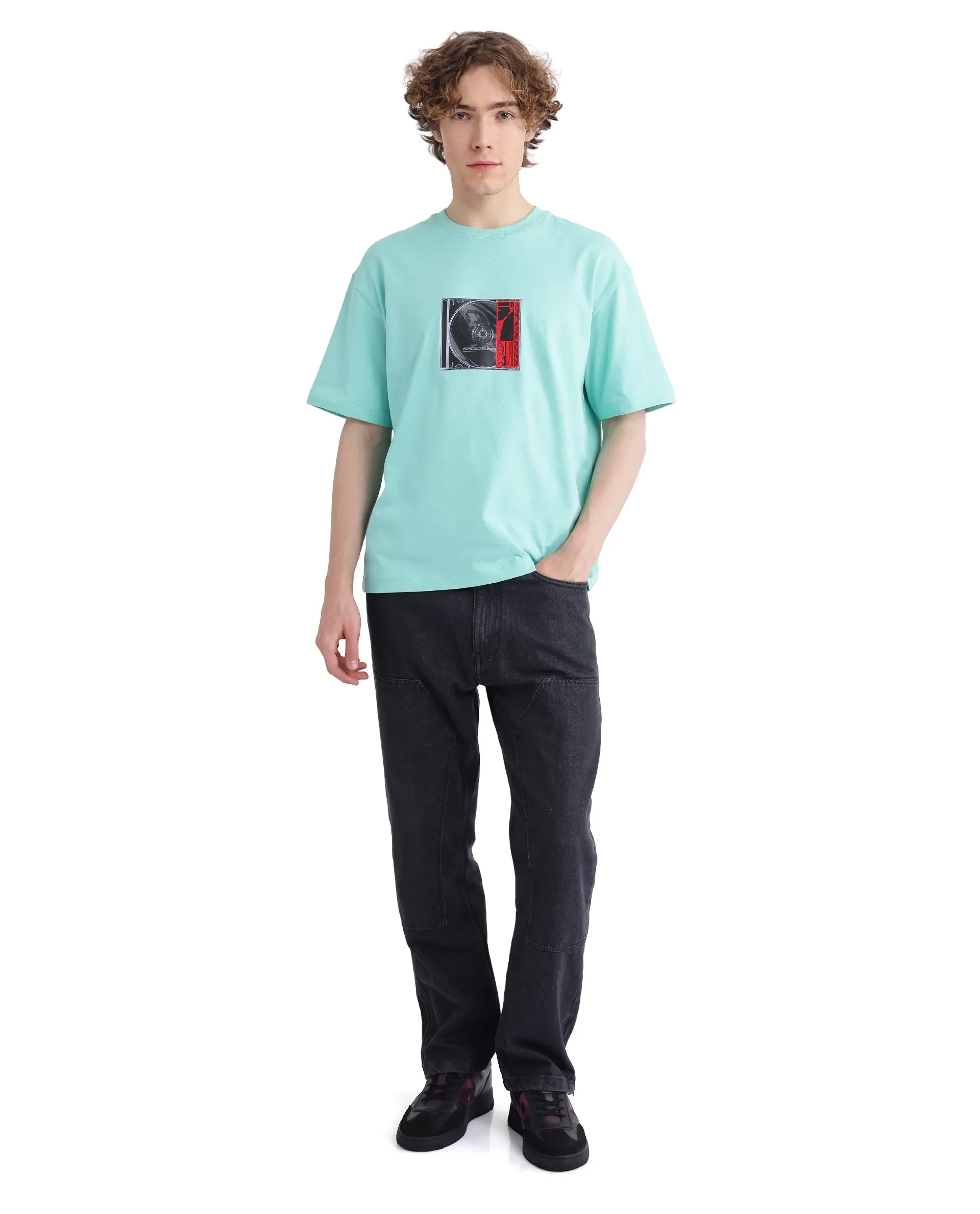 Rare Rabbit Men's Just Light Green Cotton Graphic Print Boxy Fit Half Sleeve Crew Neck T-Shirt - Image 6