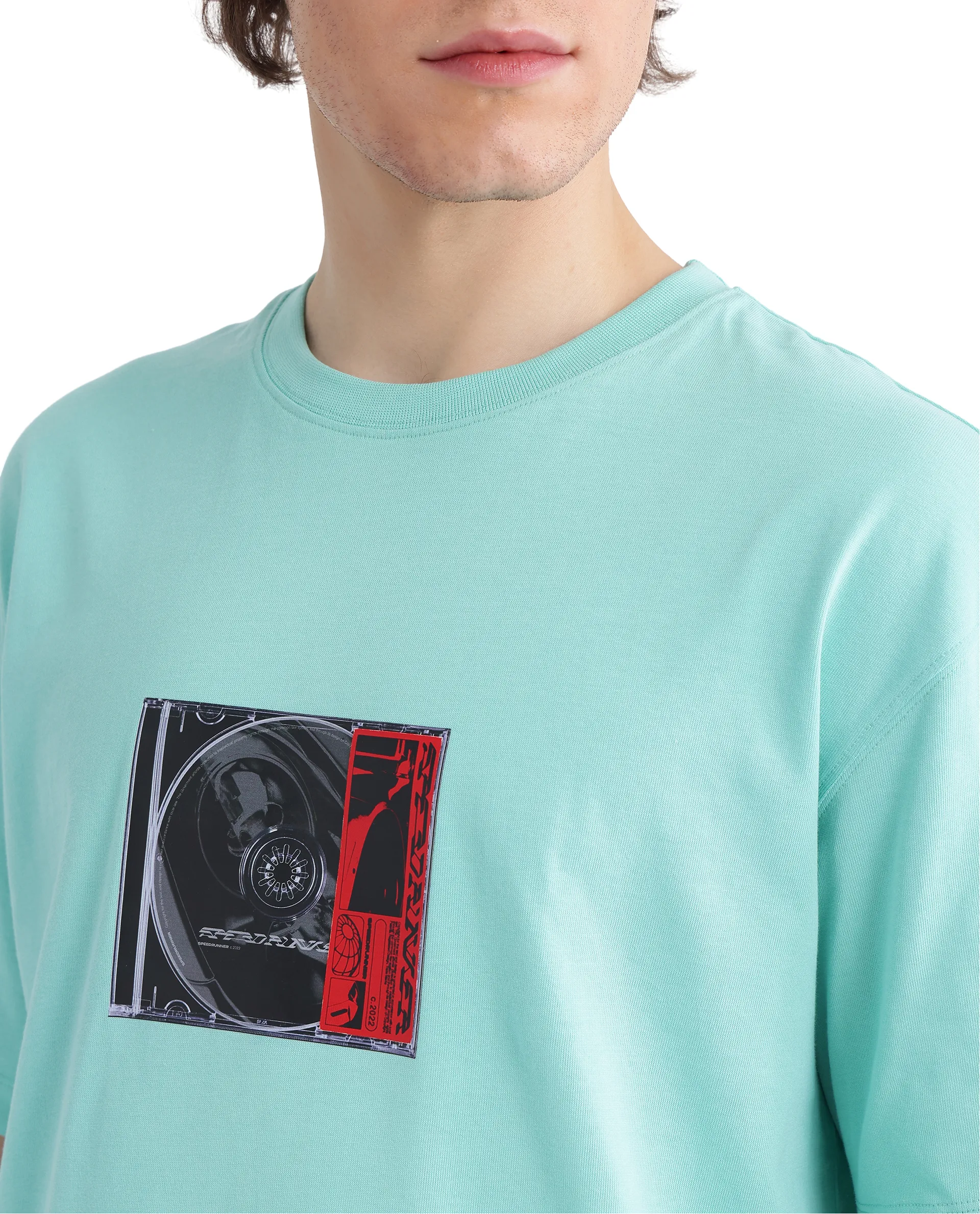 Rare Rabbit Men's Just Light Green Cotton Graphic Print Boxy Fit Half Sleeve Crew Neck T-Shirt - Image 7
