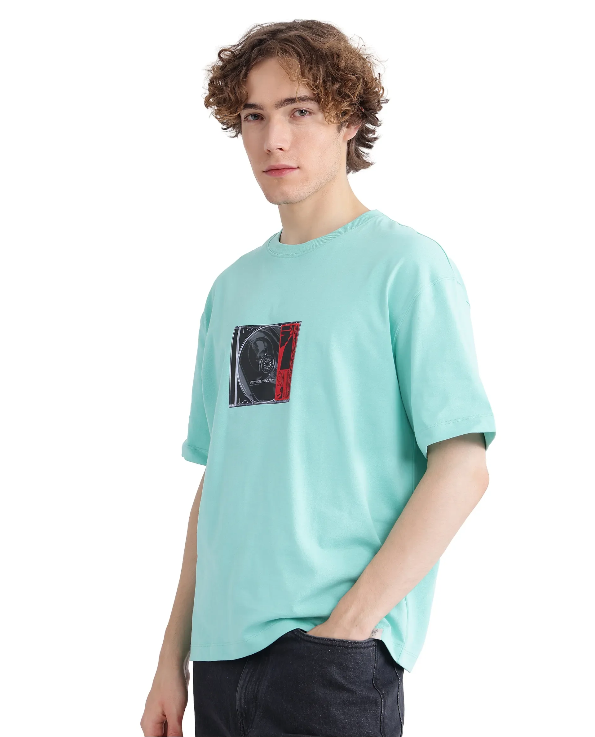 Rare Rabbit Men's Just Light Green Cotton Graphic Print Boxy Fit Half Sleeve Crew Neck T-Shirt - Image 8