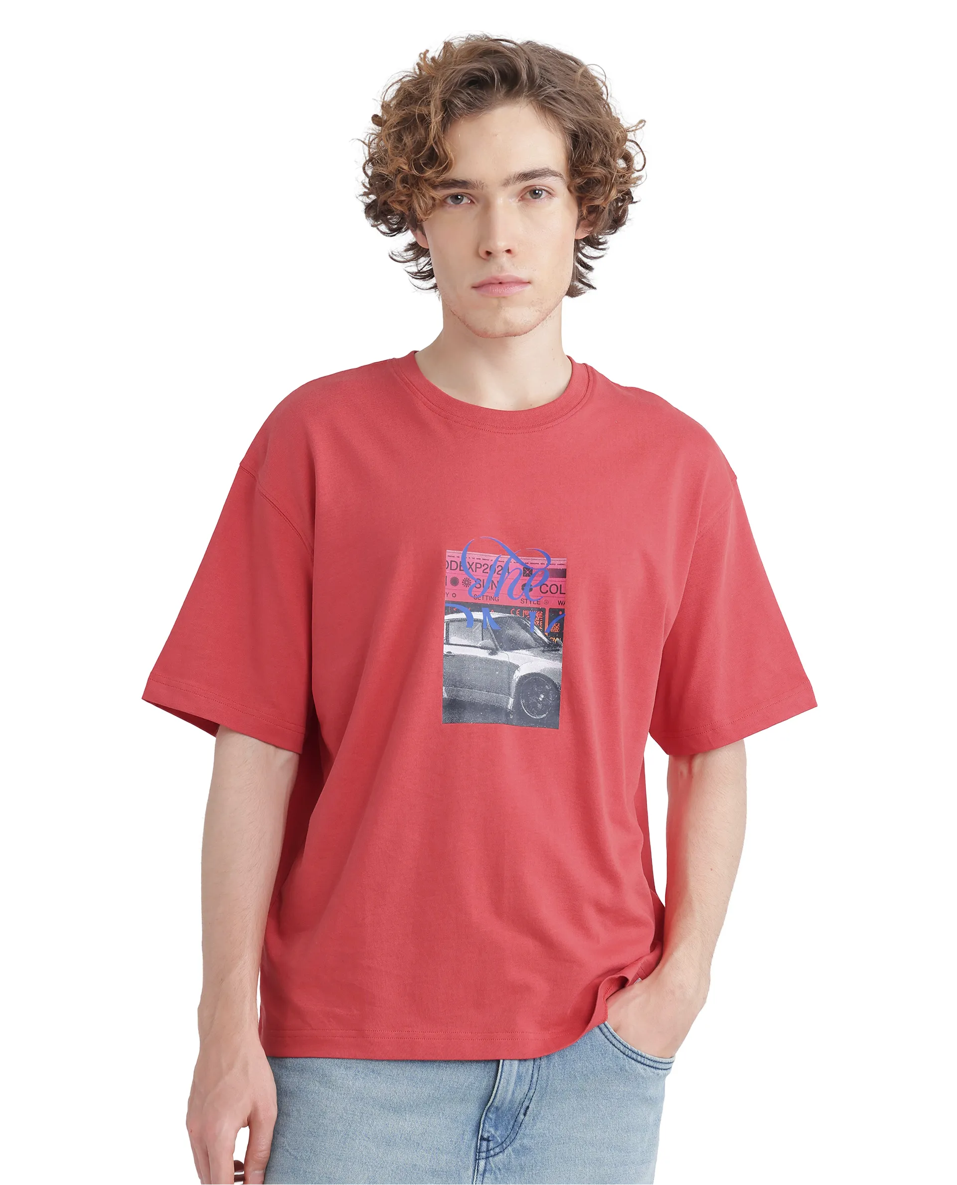 Rare Rabbit Men's Just Light Red Cotton Graphic Print Boxy Fit Half Sleeve Crew Neck T-Shirt - Image 3