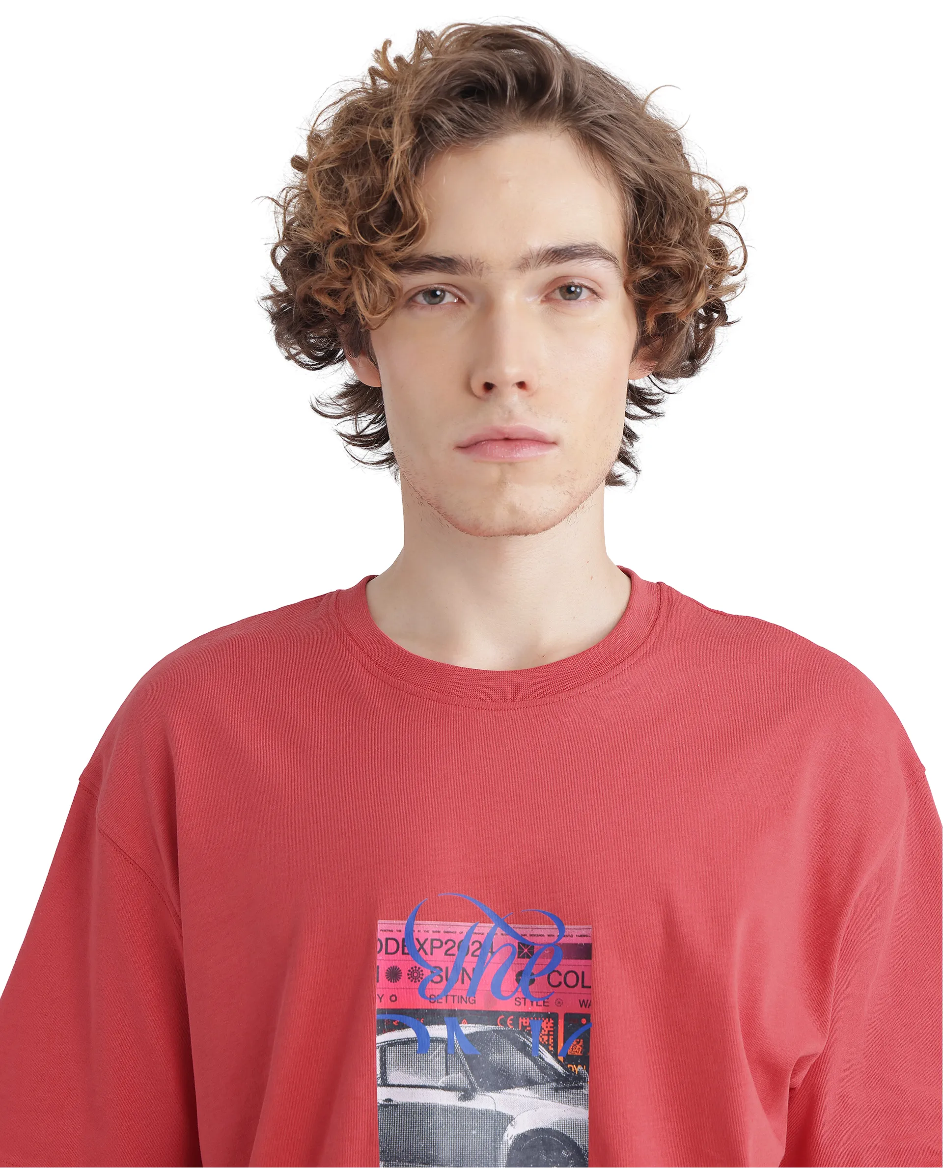 Rare Rabbit Men's Just Light Red Cotton Graphic Print Boxy Fit Half Sleeve Crew Neck T-Shirt - Image 4