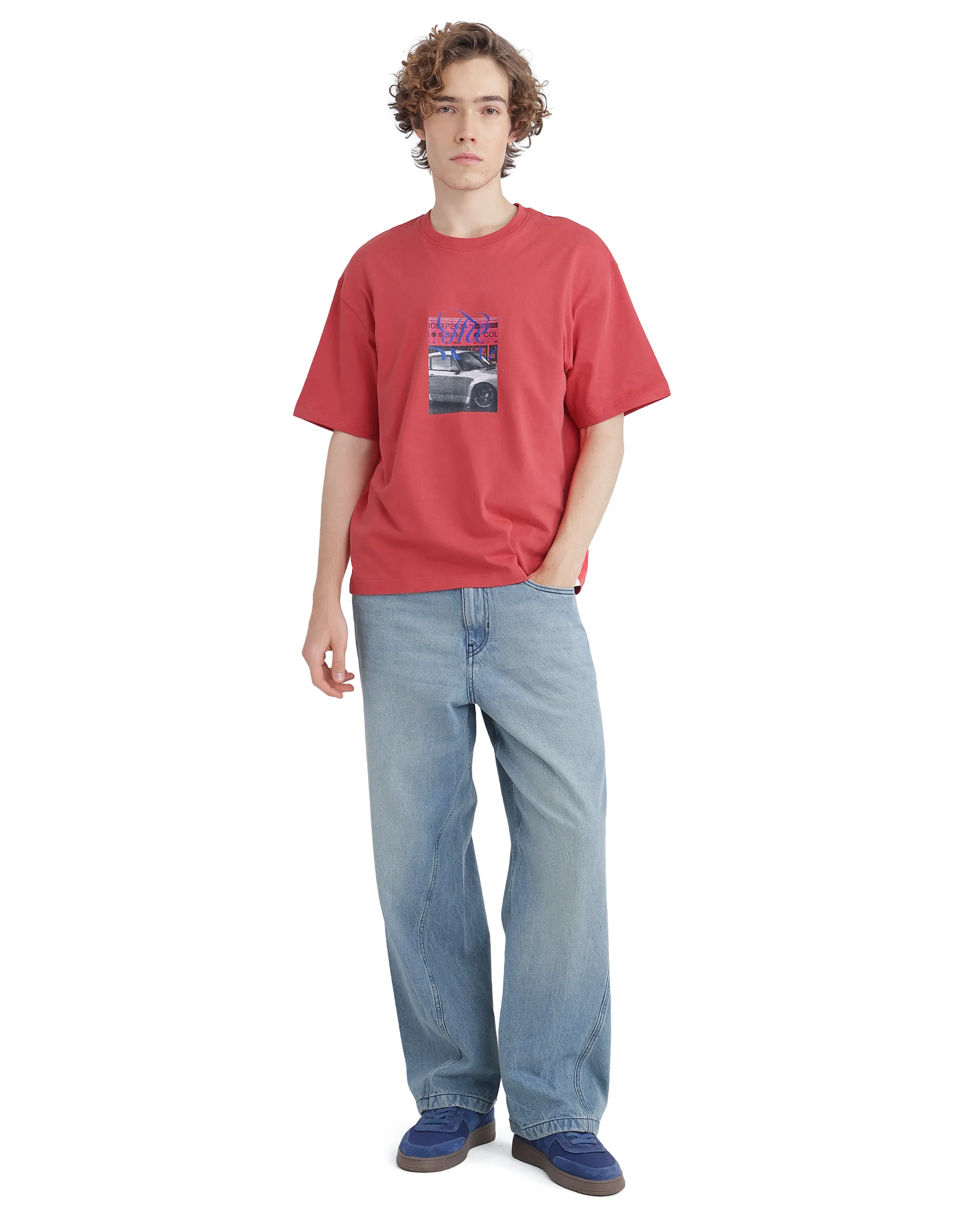 Rare Rabbit Men's Just Light Red Cotton Graphic Print Boxy Fit Half Sleeve Crew Neck T-Shirt - Image 6