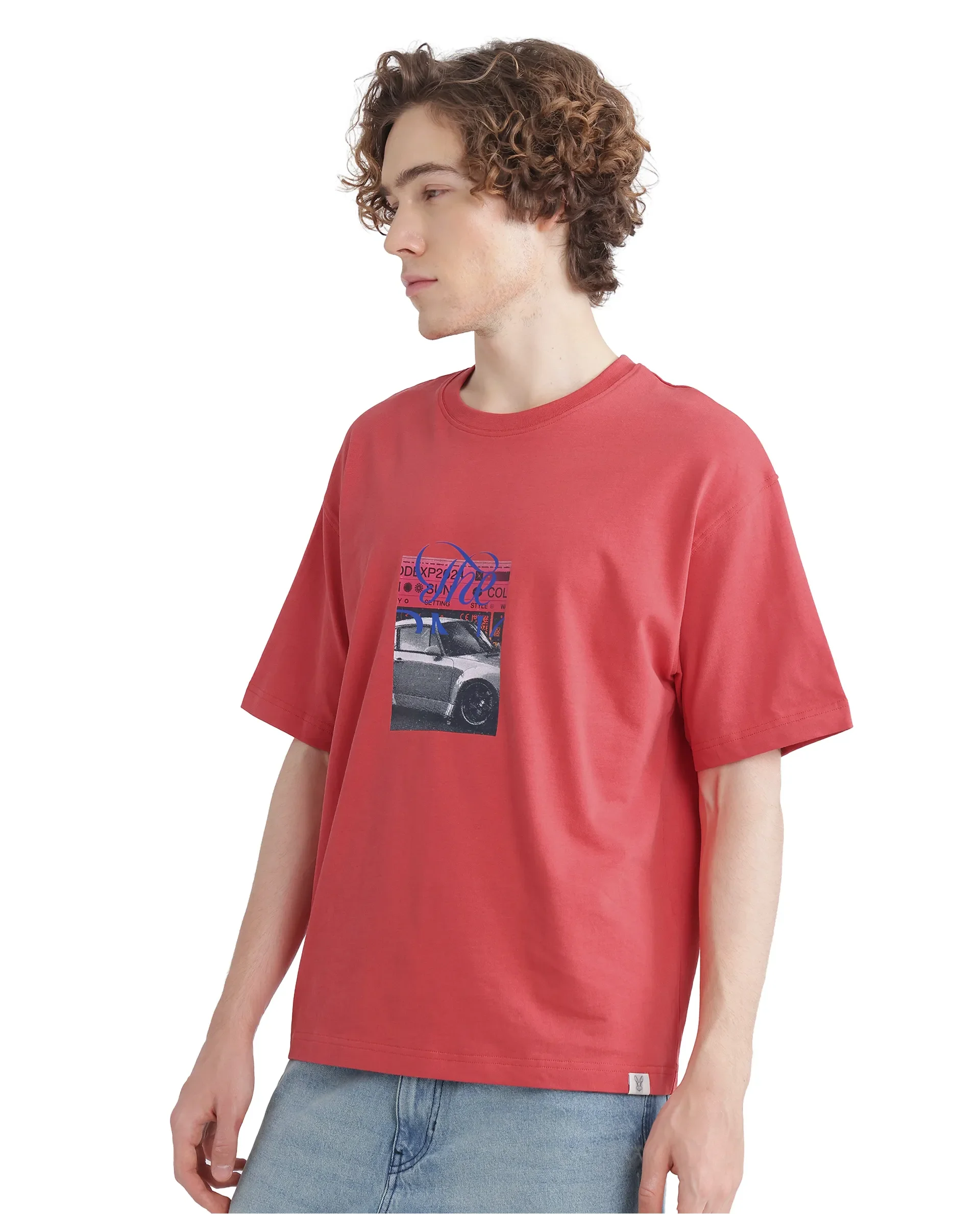 Rare Rabbit Men's Just Light Red Cotton Graphic Print Boxy Fit Half Sleeve Crew Neck T-Shirt - Image 7