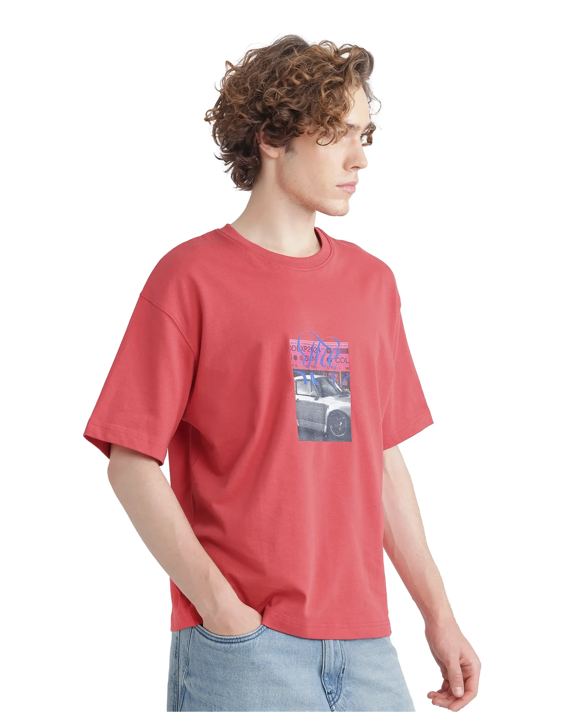 Rare Rabbit Men's Just Light Red Cotton Graphic Print Boxy Fit Half Sleeve Crew Neck T-Shirt - Image 8