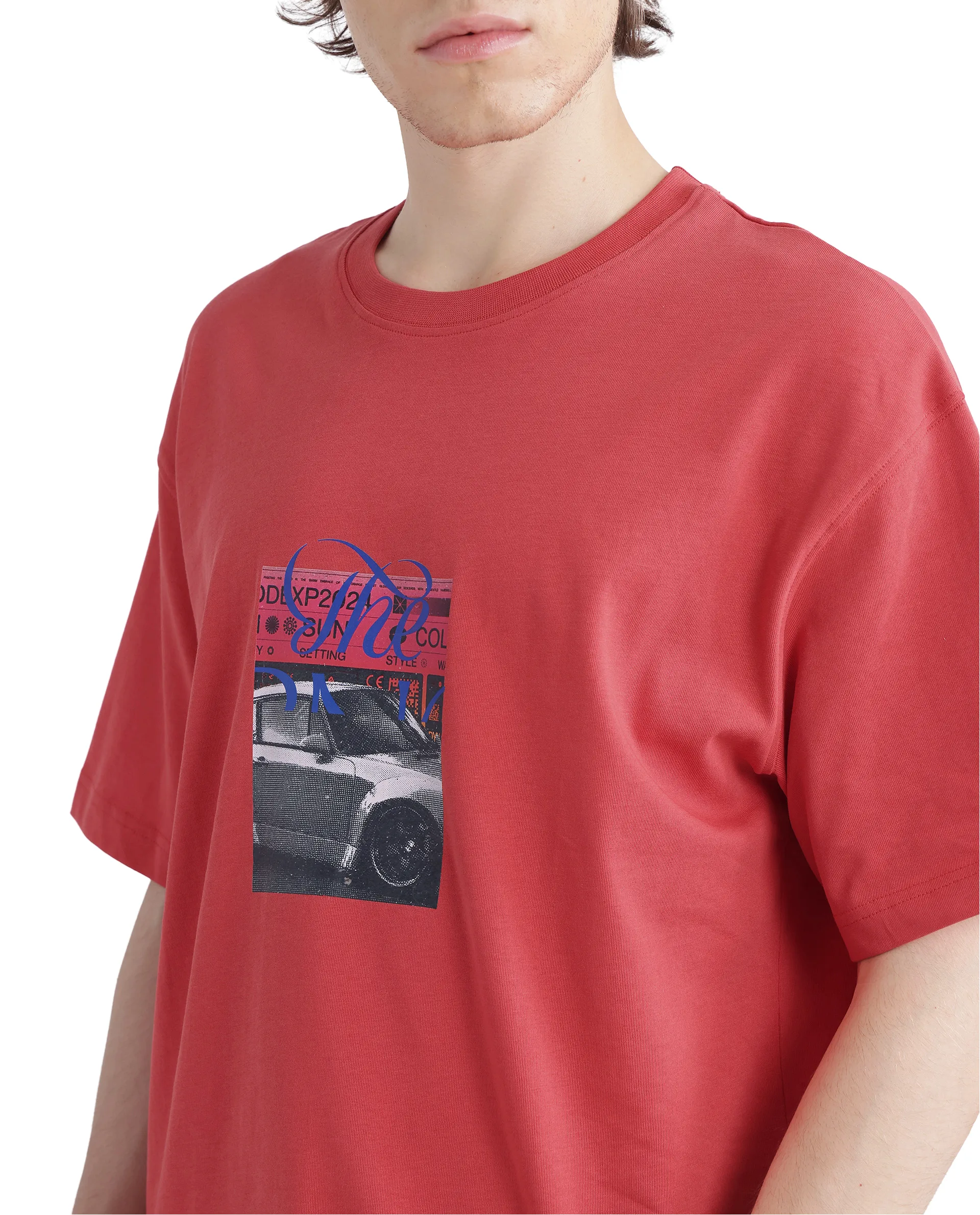Rare Rabbit Men's Just Light Red Cotton Graphic Print Boxy Fit Half Sleeve Crew Neck T-Shirt - Image 9
