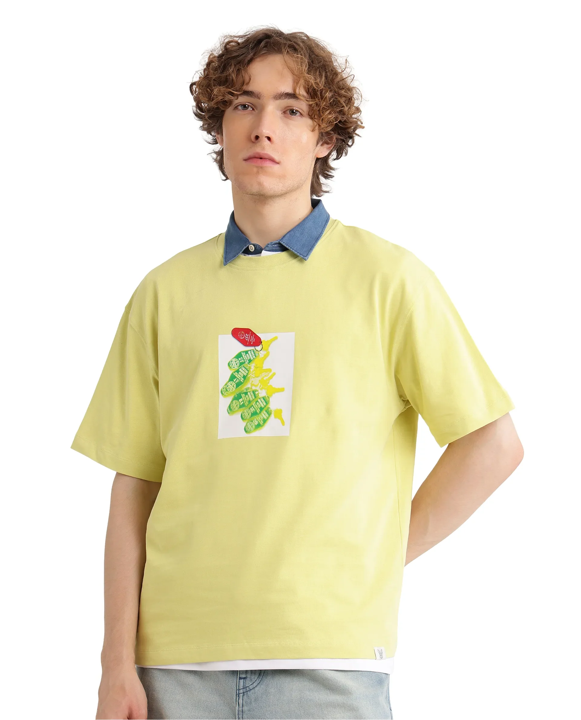 Rare Rabbit Men's Just Light Yellow Cotton Graphic Print Boxy Fit Half Sleeve Crew Neck T-Shirt - Image 8