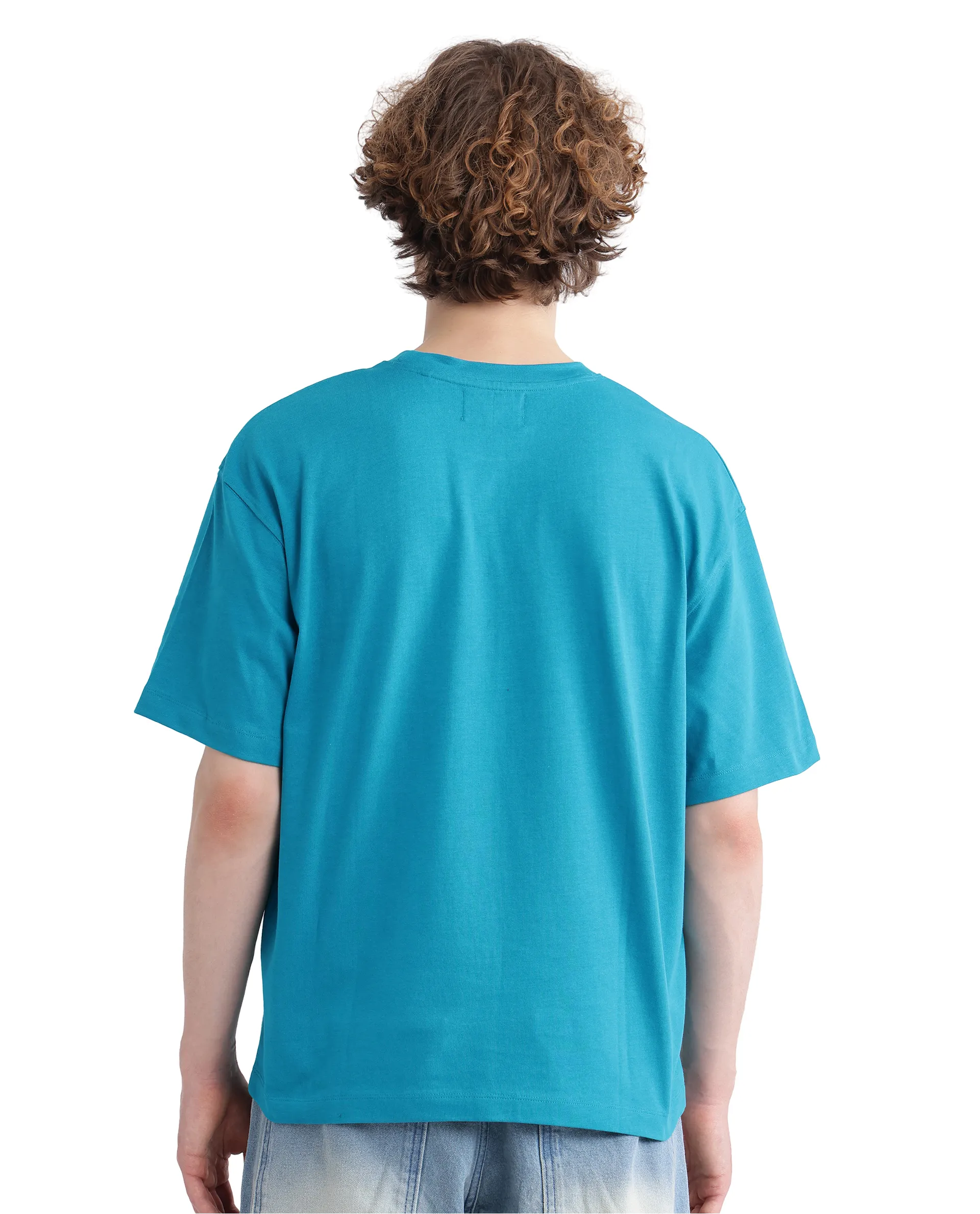 Rare Rabbit Men's Just Teal Cotton Graphic Print Boxy Fit Half Sleeve Crew Neck T-Shirt - Image 2