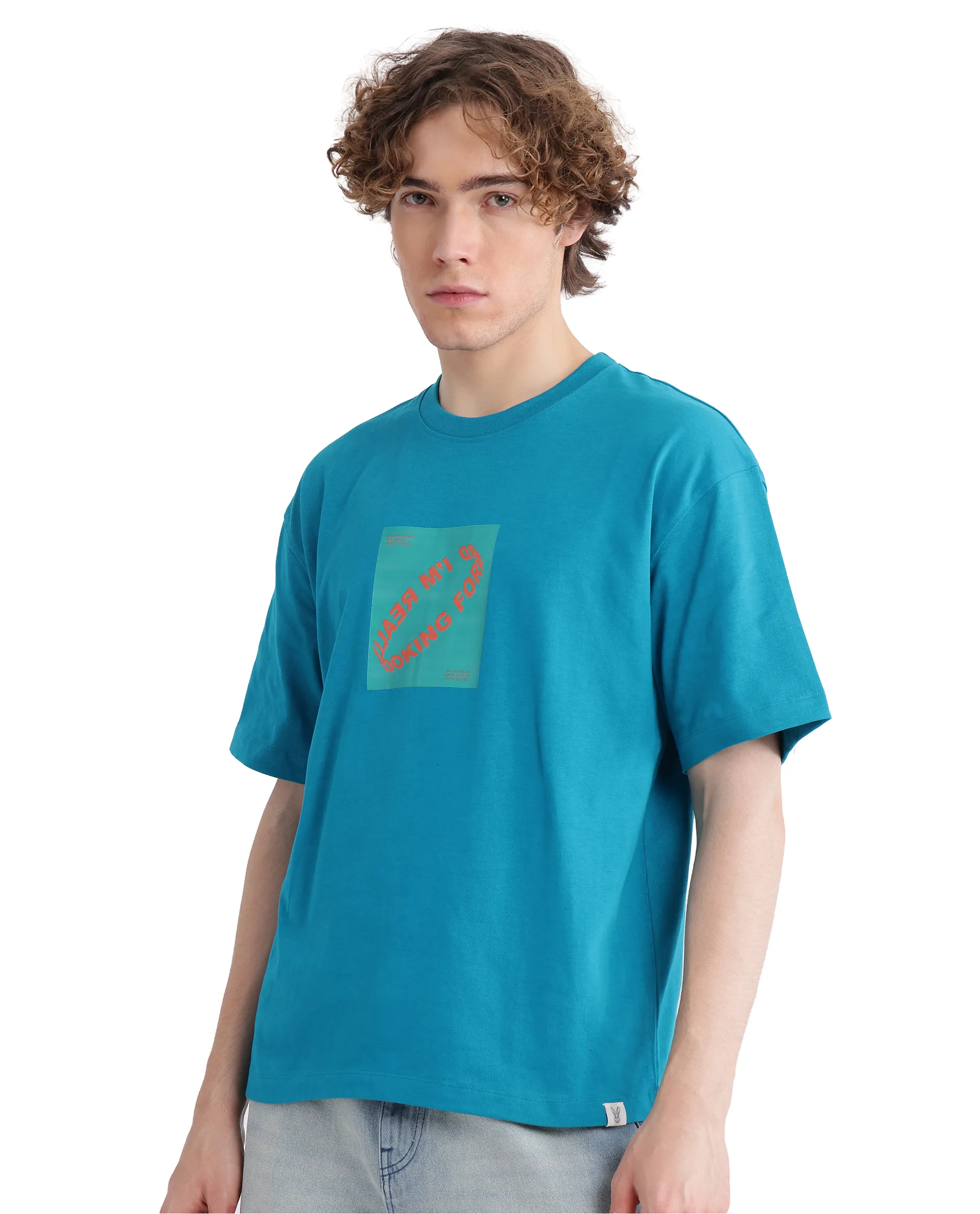 Rare Rabbit Men's Just Teal Cotton Graphic Print Boxy Fit Half Sleeve Crew Neck T-Shirt - Image 4