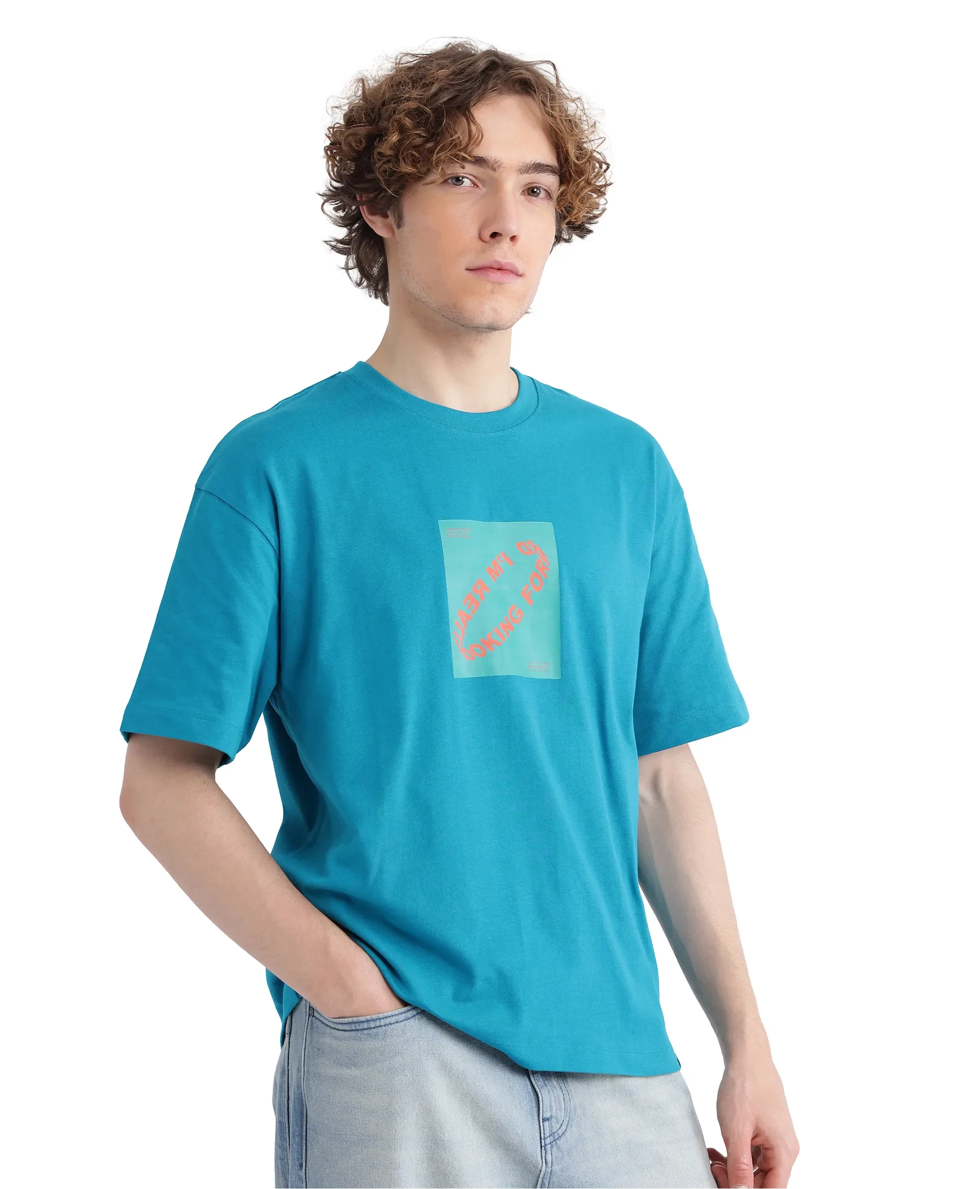 Rare Rabbit Men's Just Teal Cotton Graphic Print Boxy Fit Half Sleeve Crew Neck T-Shirt - Image 5
