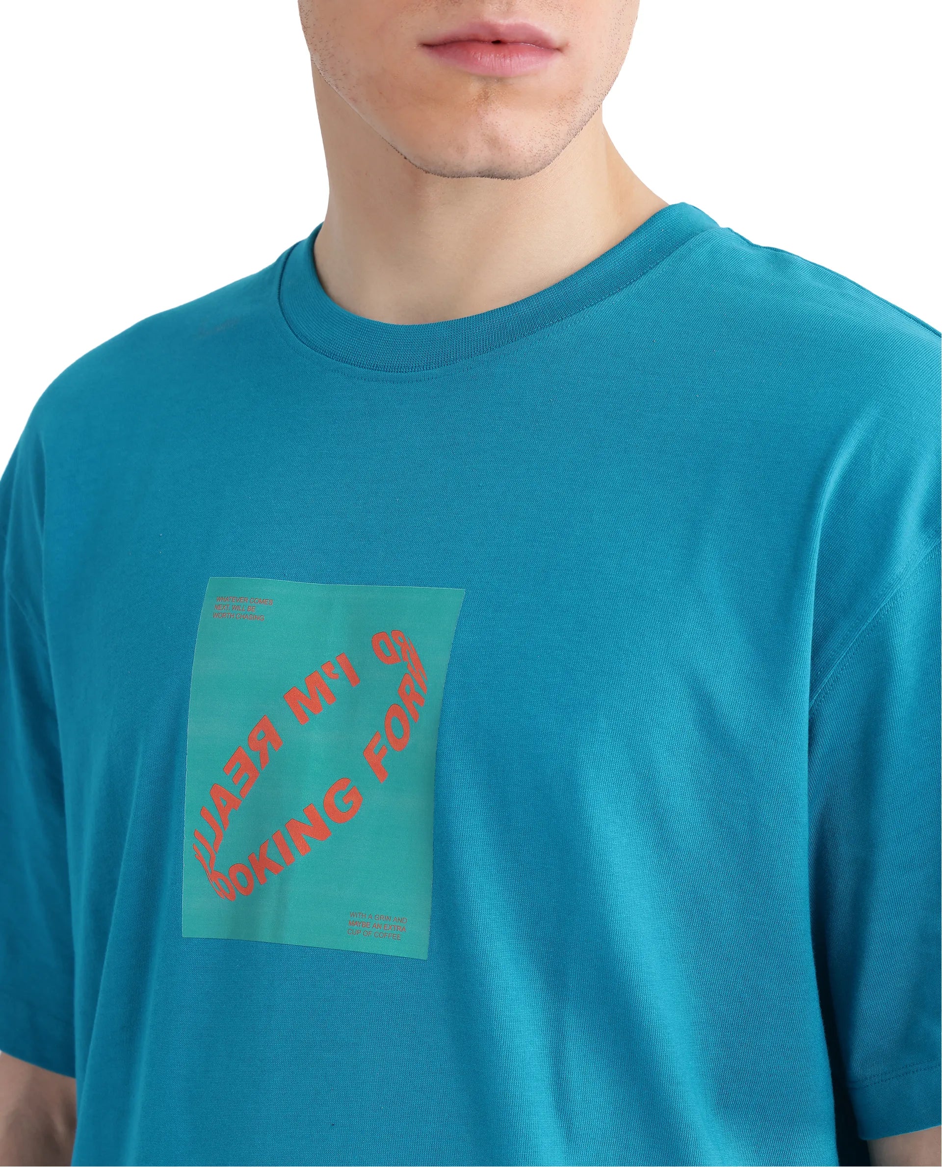 Rare Rabbit Men's Just Teal Cotton Graphic Print Boxy Fit Half Sleeve Crew Neck T-Shirt - Image 6