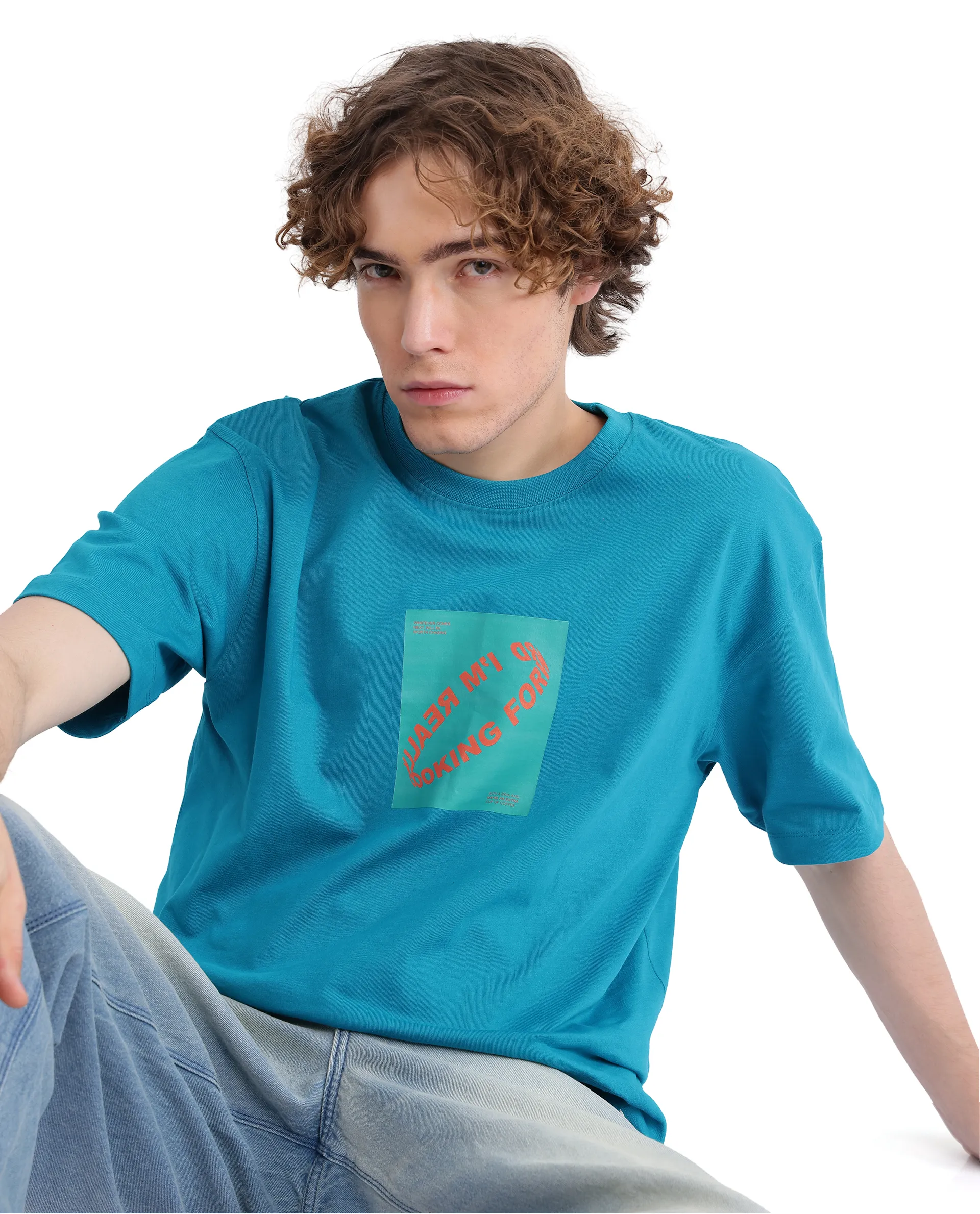 Rare Rabbit Men's Just Teal Cotton Graphic Print Boxy Fit Half Sleeve Crew Neck T-Shirt - Image 7