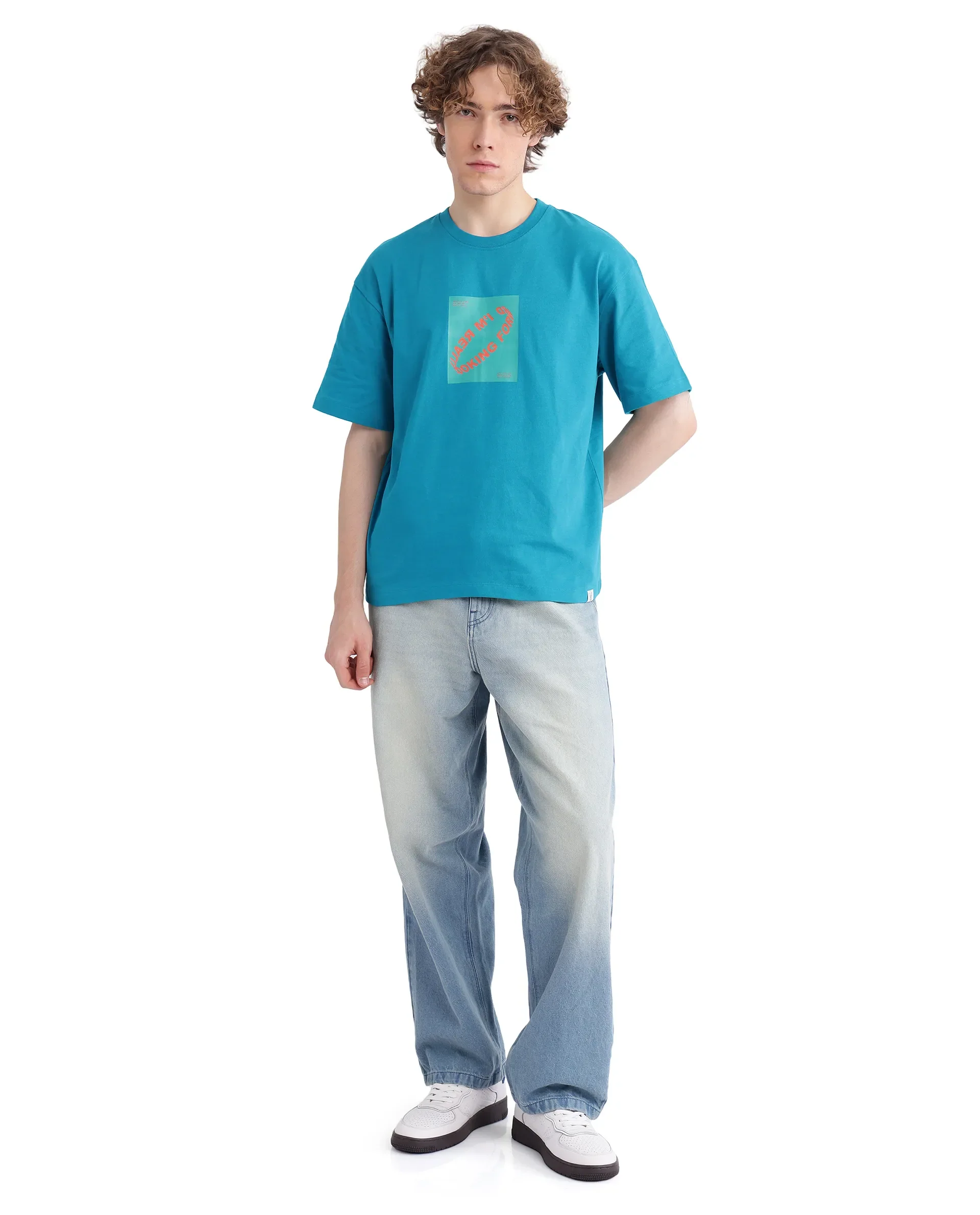 Rare Rabbit Men's Just Teal Cotton Graphic Print Boxy Fit Half Sleeve Crew Neck T-Shirt - Image 8