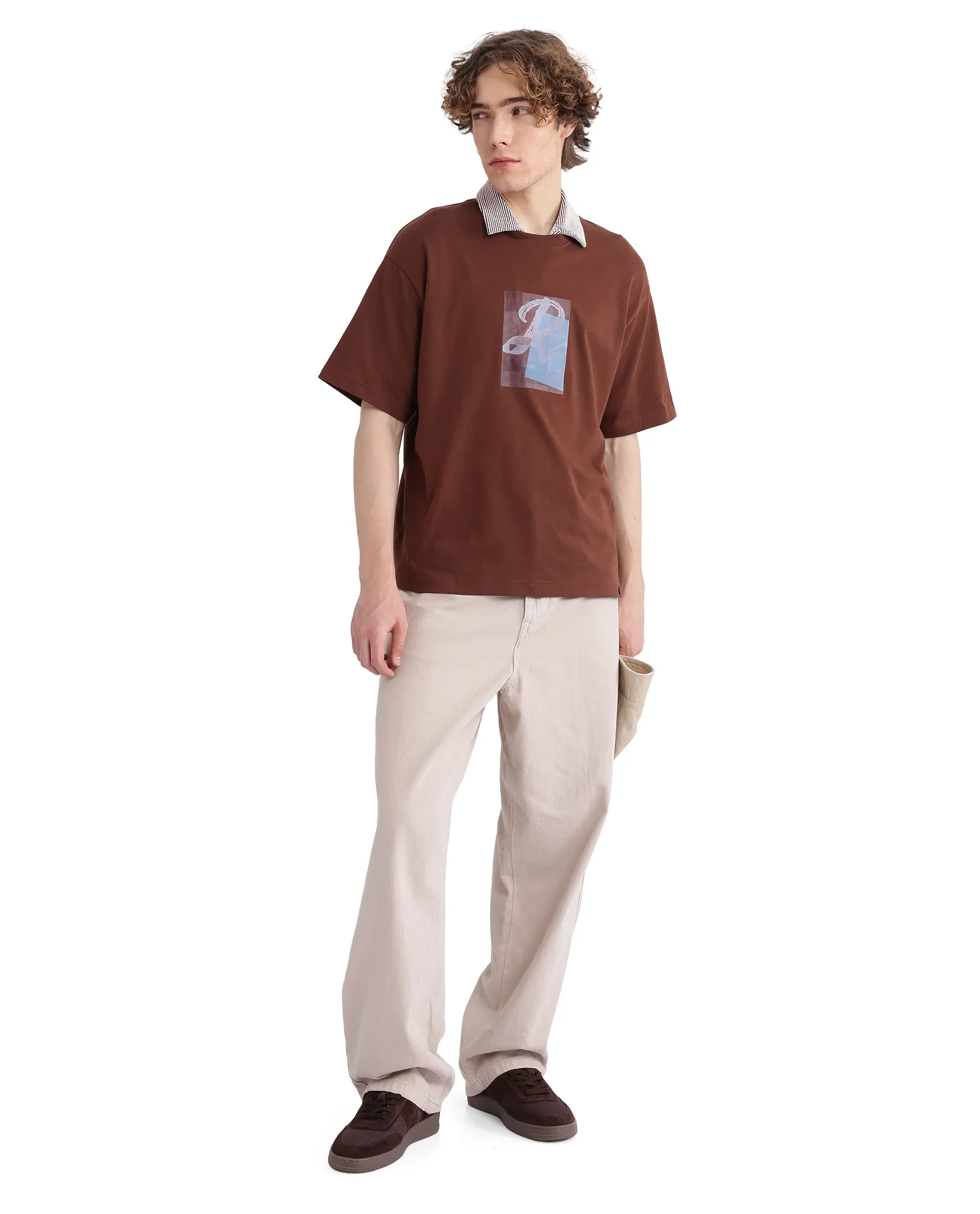 Rare Rabbit Men's Justin Brown Cotton Graphic Print Oversized Fit Half Sleeve Crew Neck T-Shirt - Image 2
