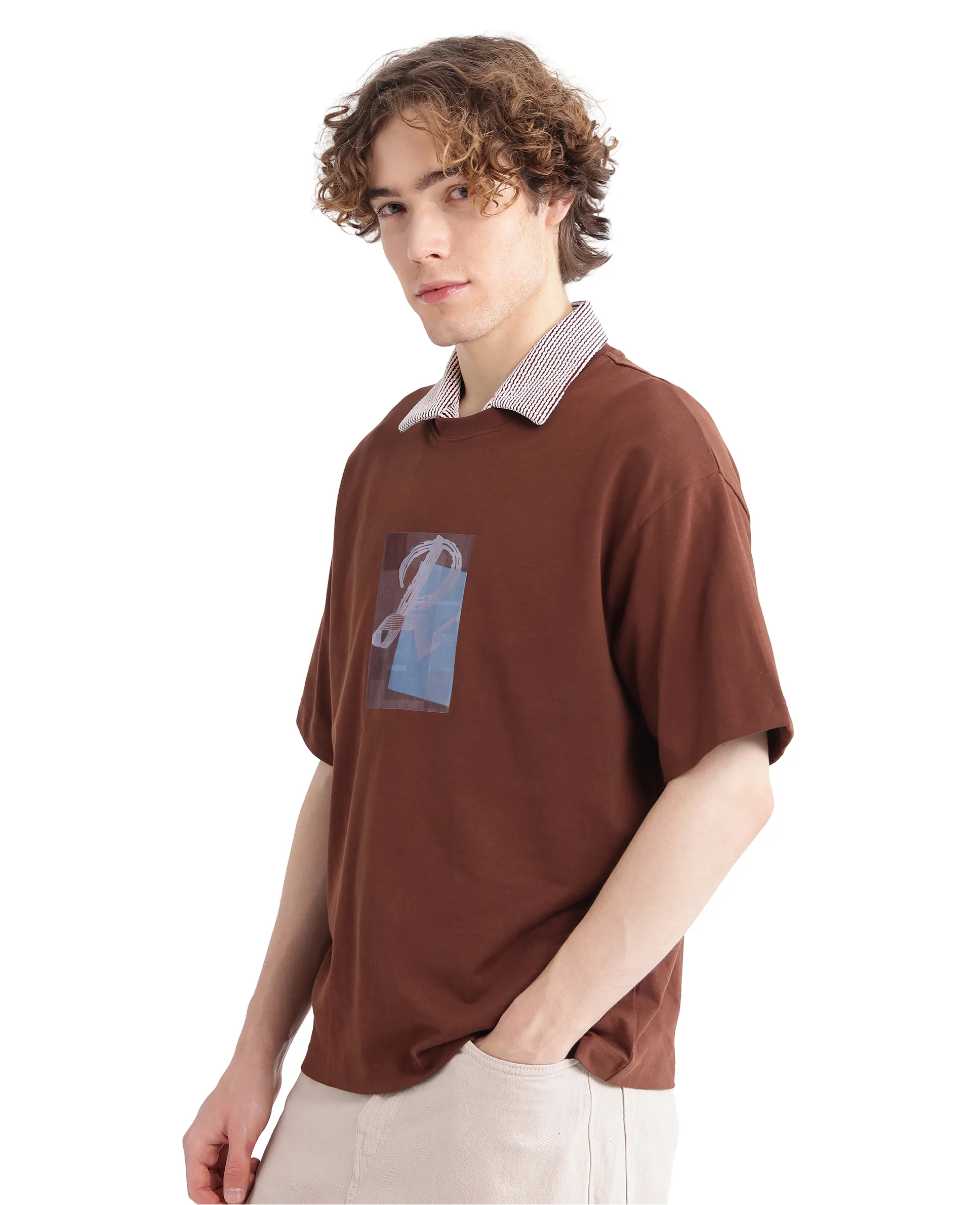 Rare Rabbit Men's Justin Brown Cotton Graphic Print Oversized Fit Half Sleeve Crew Neck T-Shirt - Image 3