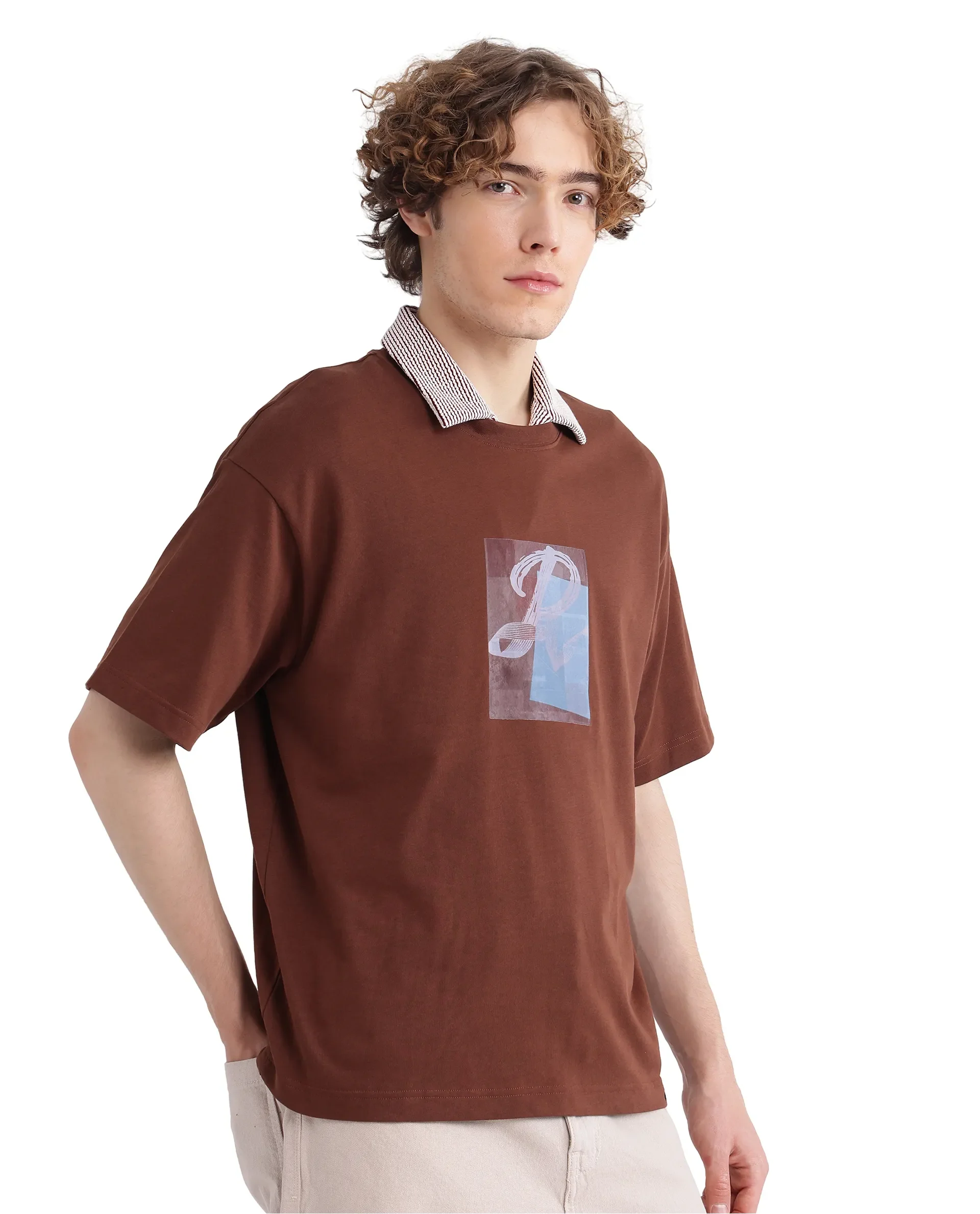 Rare Rabbit Men's Justin Brown Cotton Graphic Print Oversized Fit Half Sleeve Crew Neck T-Shirt - Image 5
