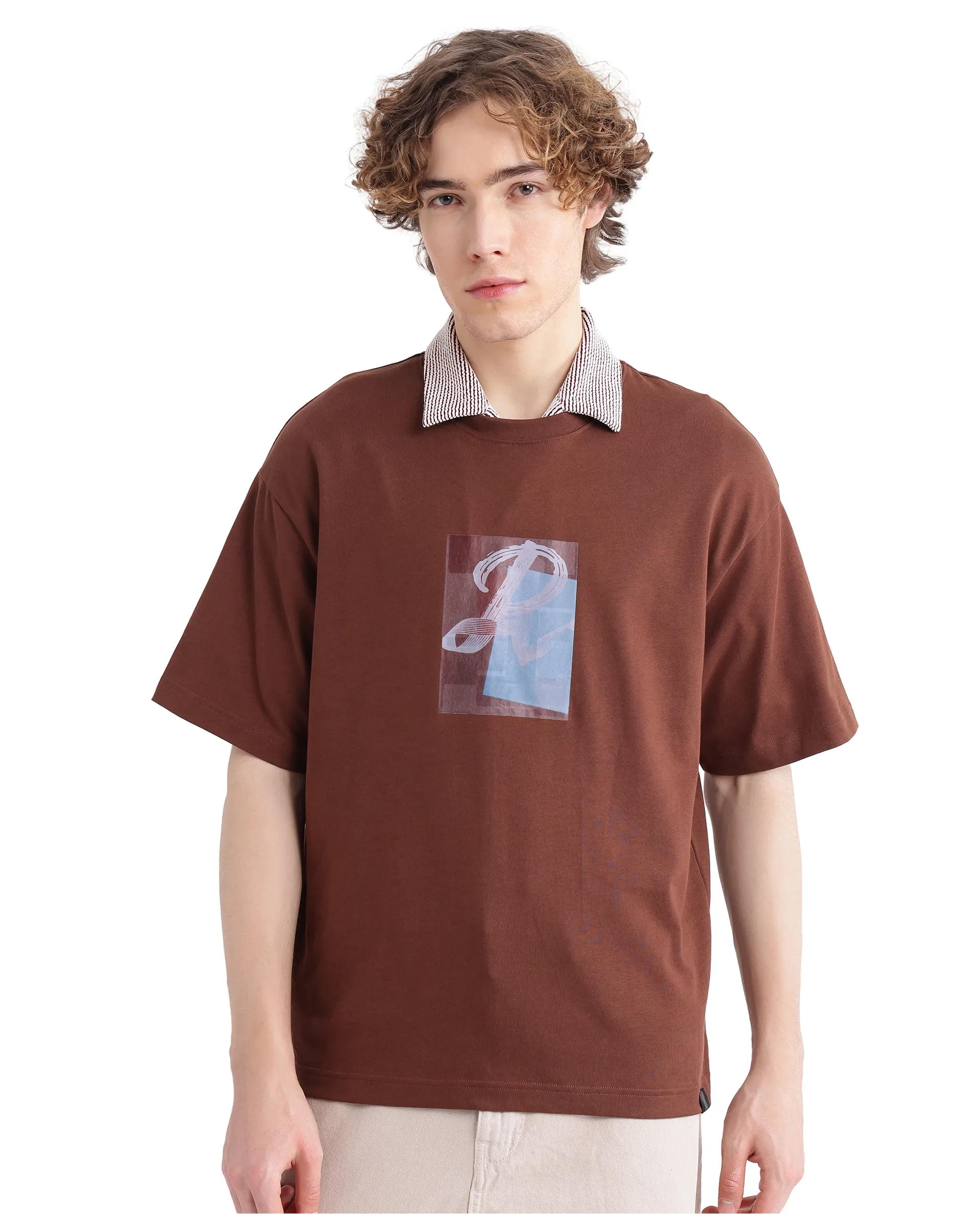 Rare Rabbit Men's Justin Brown Cotton Graphic Print Oversized Fit Half Sleeve Crew Neck T-Shirt - Image 7