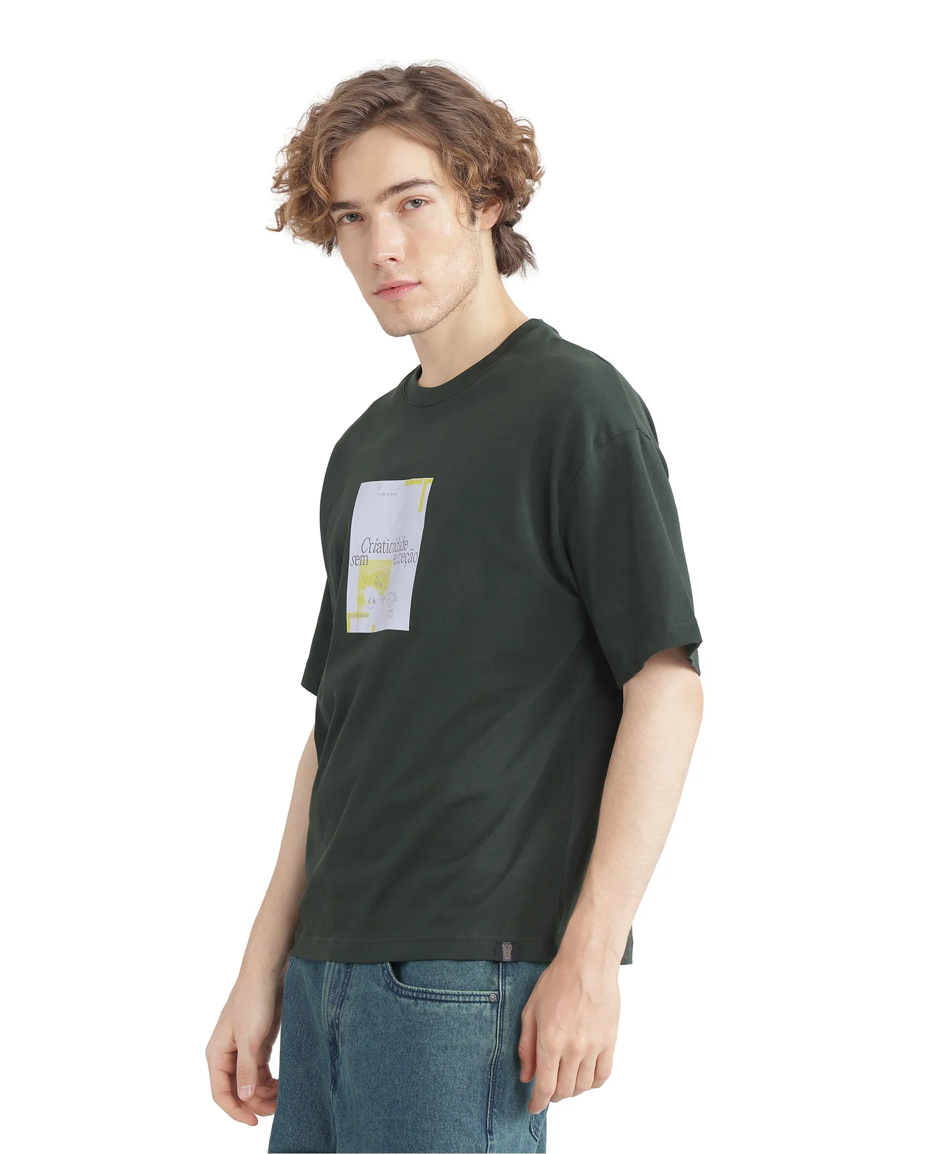Rare Rabbit Men's Justin Dark Olive Cotton Graphic Print Boxy Fit Half Sleeve Crew Neck T-Shirt - Image 4