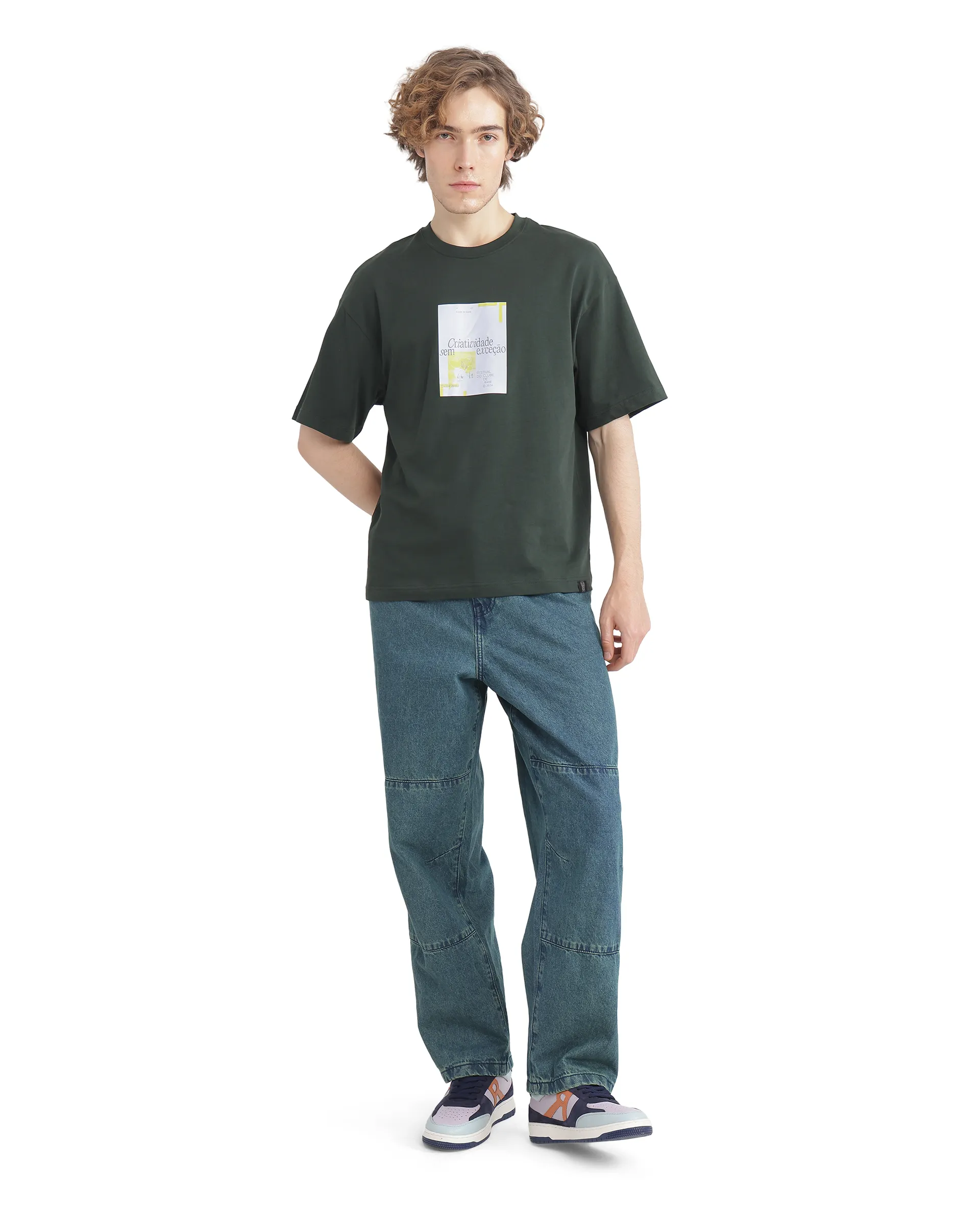 Rare Rabbit Men's Justin Dark Olive Cotton Graphic Print Boxy Fit Half Sleeve Crew Neck T-Shirt - Image 6