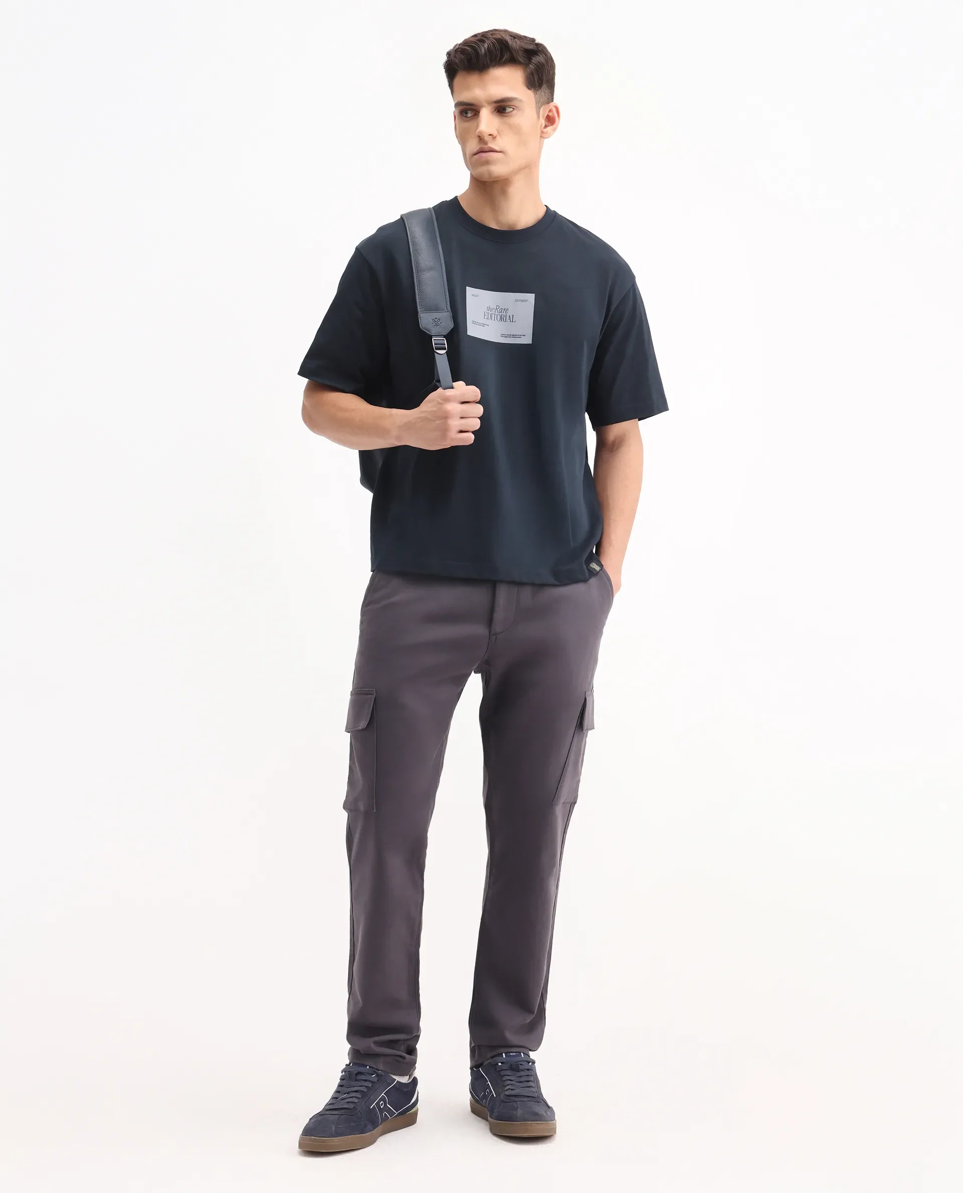 Rare Rabbit Men's Justin Navy Cotton Graphic Print Oversized Fit Half Sleeve Crew Neck T-Shirt - Image 2