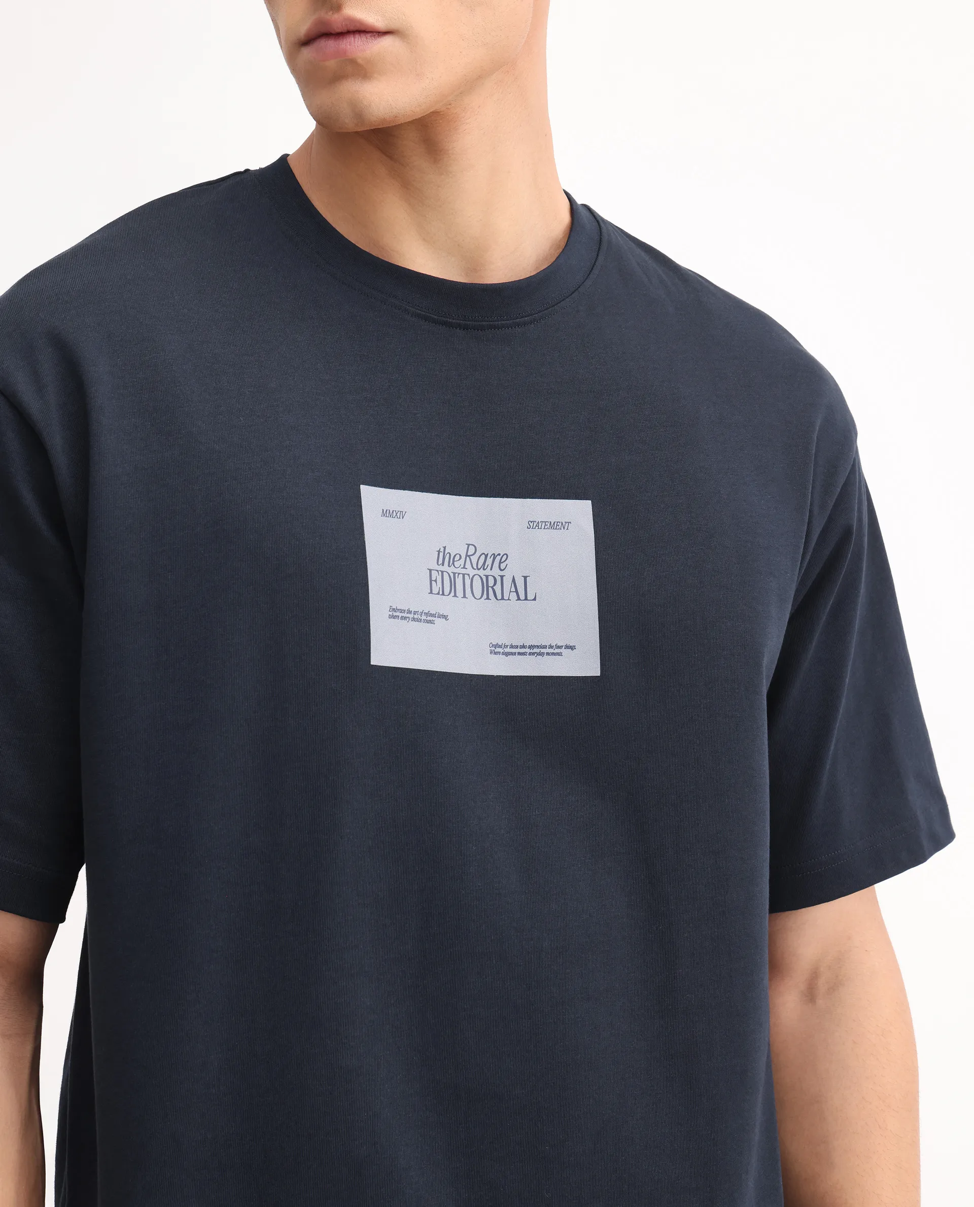 Rare Rabbit Men's Justin Navy Cotton Graphic Print Oversized Fit Half Sleeve Crew Neck T-Shirt - Image 3