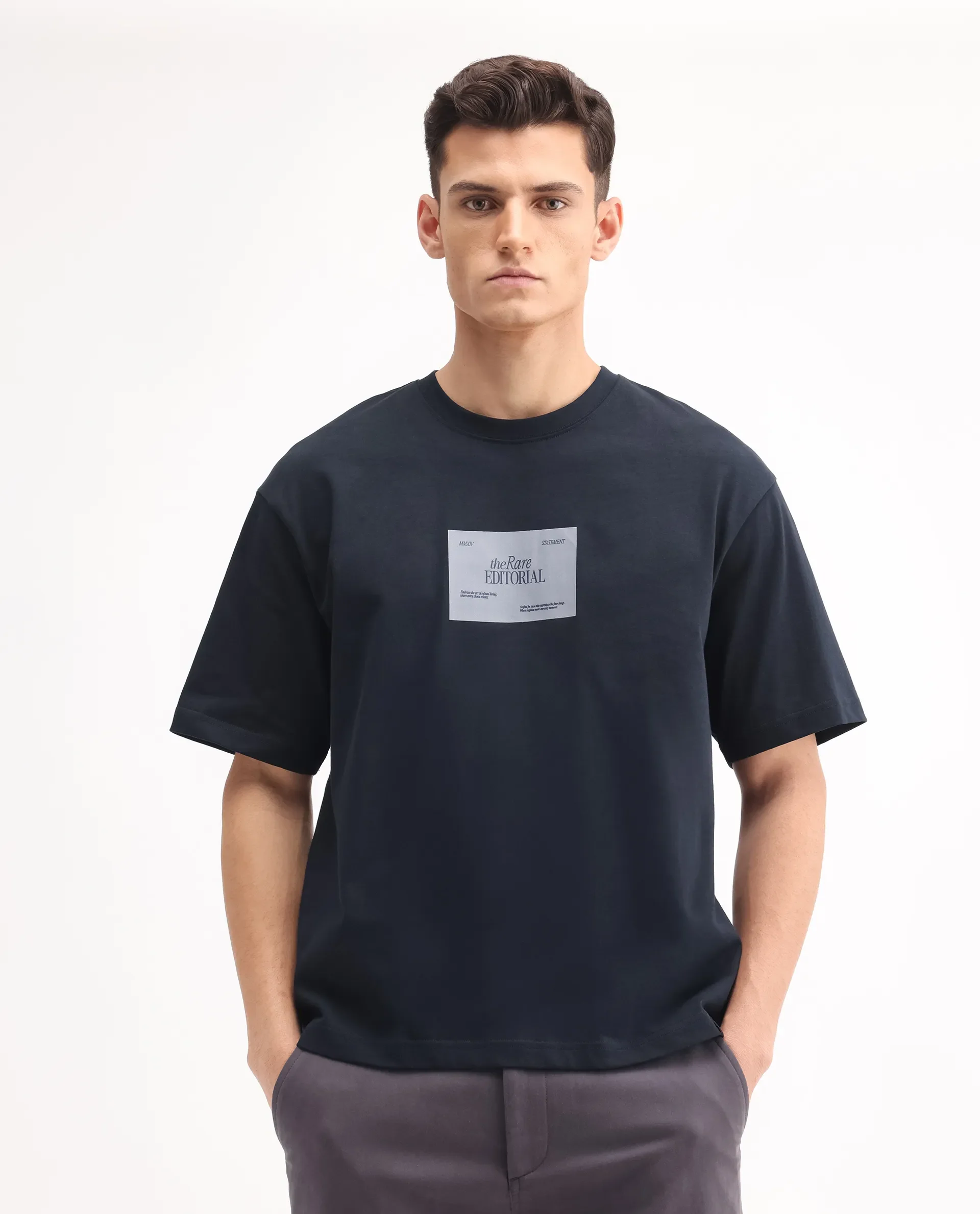 Rare Rabbit Men's Justin Navy Cotton Graphic Print Oversized Fit Half Sleeve Crew Neck T-Shirt - Image 4