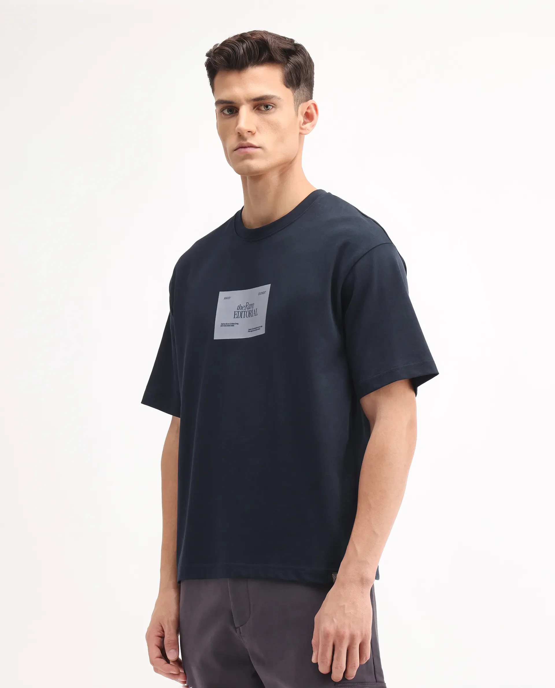 Rare Rabbit Men's Justin Navy Cotton Graphic Print Oversized Fit Half Sleeve Crew Neck T-Shirt - Image 5