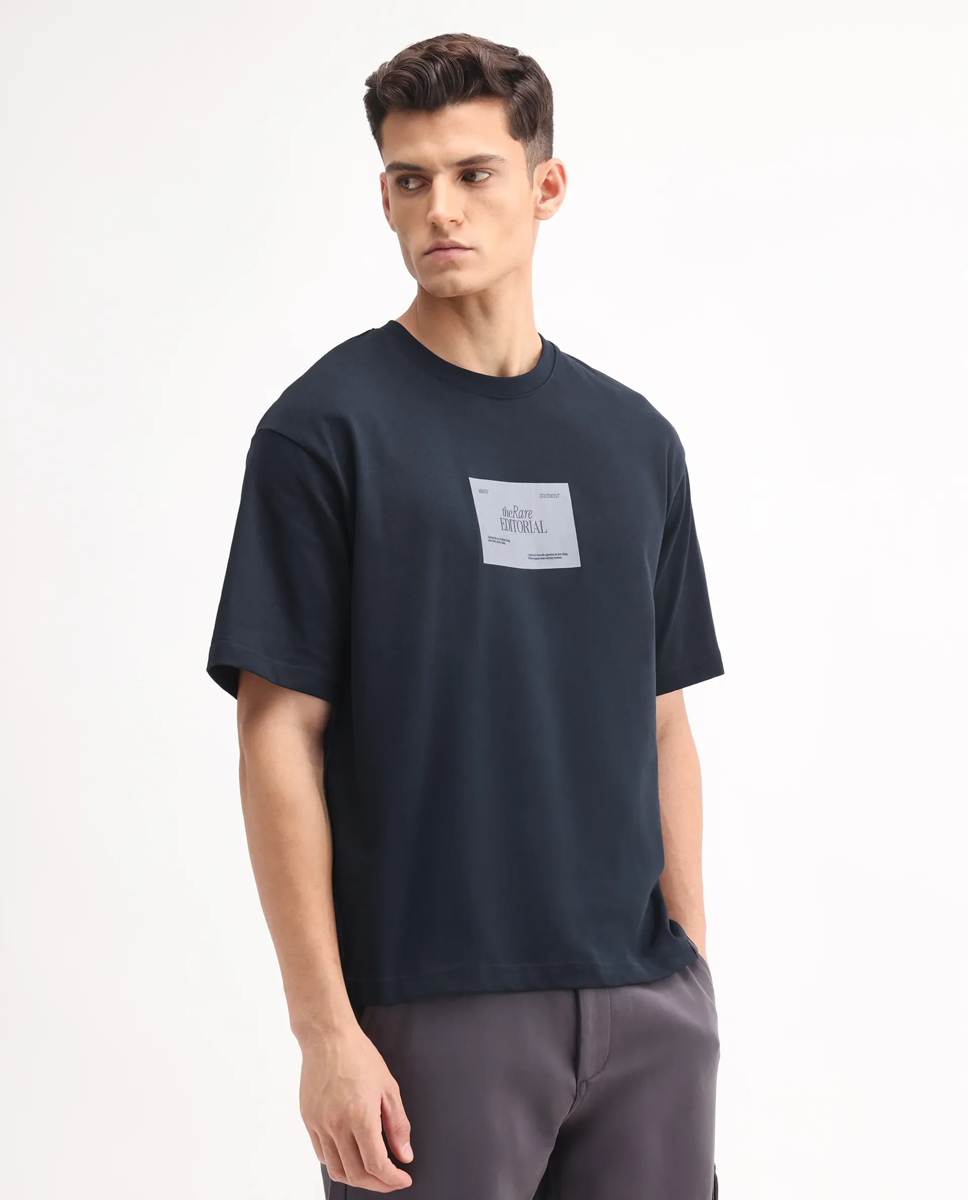 Rare Rabbit Men's Justin Navy Cotton Graphic Print Oversized Fit Half Sleeve Crew Neck T-Shirt - Image 6