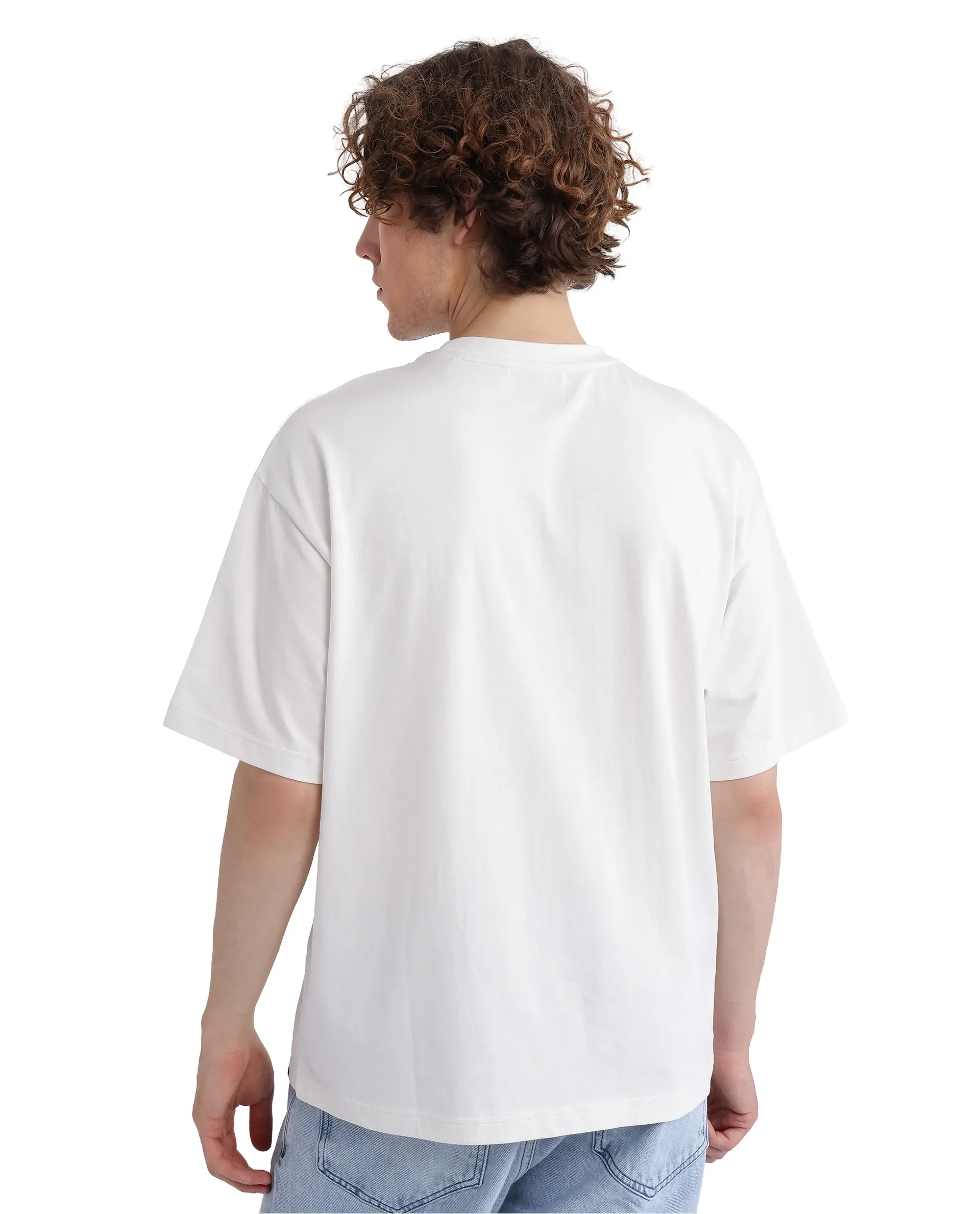 Rare Rabbit Men's Justin Off White Cotton Graphic Print Oversized Fit Half Sleeve Crew Neck T-Shirt - Image 4