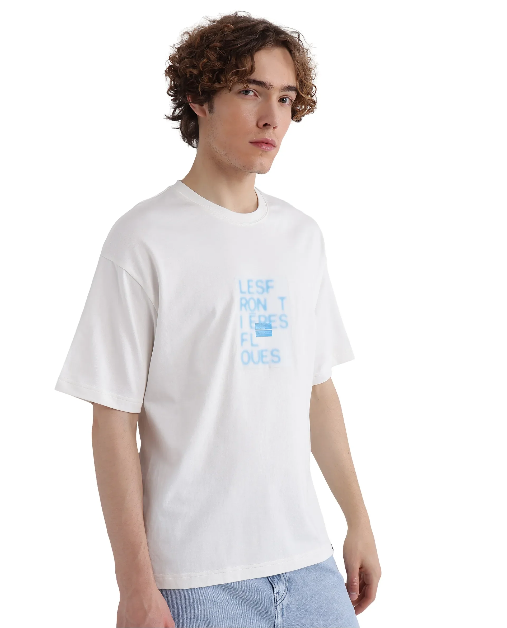 Rare Rabbit Men's Justin Off White Cotton Graphic Print Oversized Fit Half Sleeve Crew Neck T-Shirt - Image 5