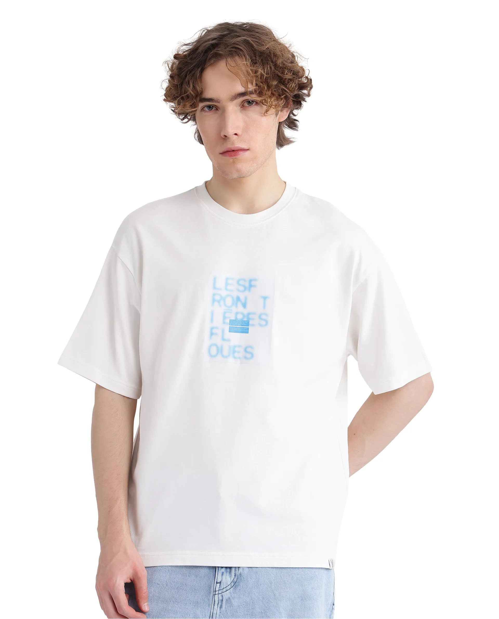 Rare Rabbit Men's Justin Off White Cotton Graphic Print Oversized Fit Half Sleeve Crew Neck T-Shirt - Image 7