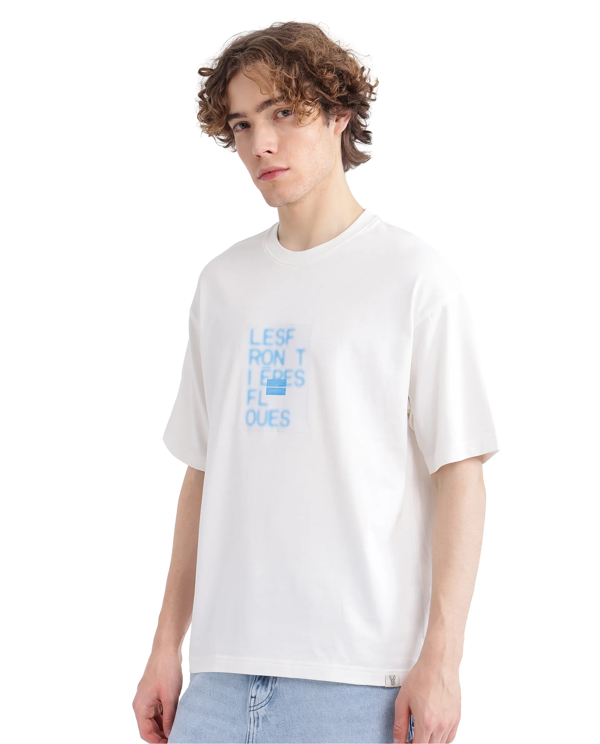 Rare Rabbit Men's Justin Off White Cotton Graphic Print Oversized Fit Half Sleeve Crew Neck T-Shirt - Image 8