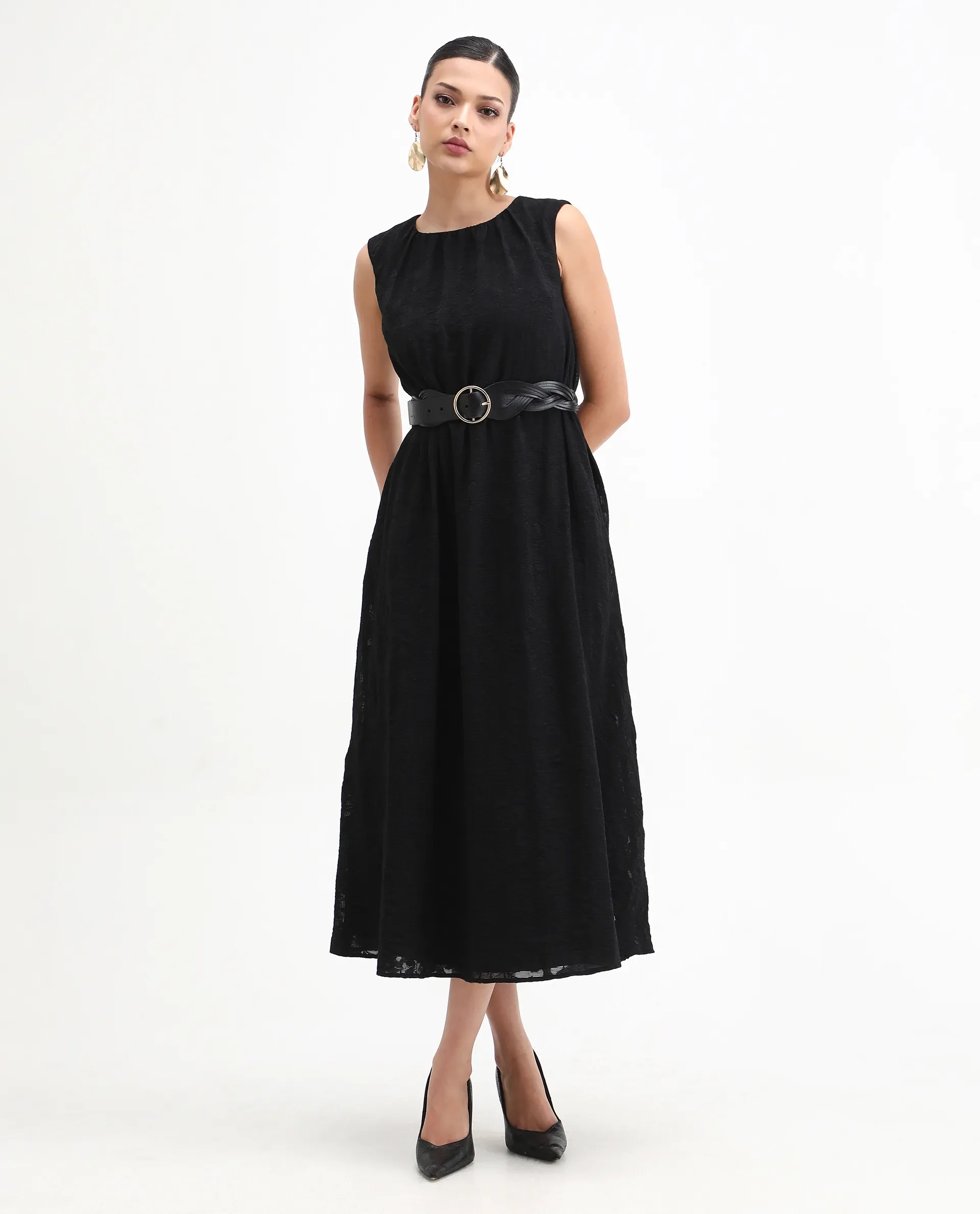 Rareism Women's Juten Black Nylon Blend Sleeveless Crew Neck Flared Fit Plain Dress