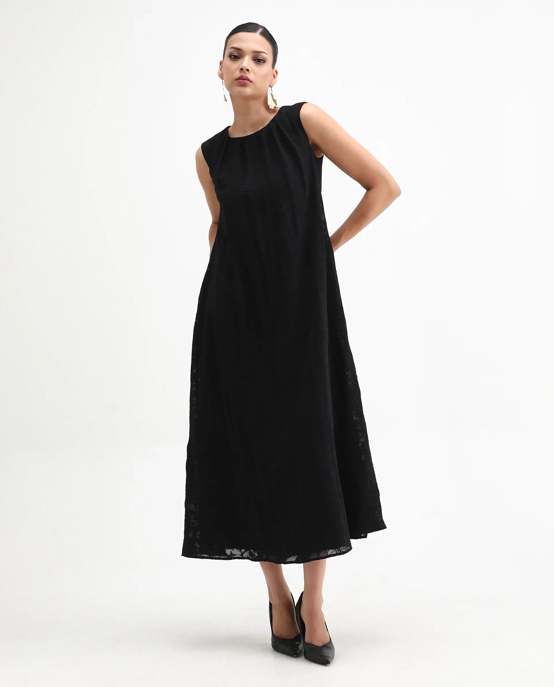 Rareism Women's Juten Black Nylon Blend Sleeveless Crew Neck Flared Fit Plain Dress - Image 2